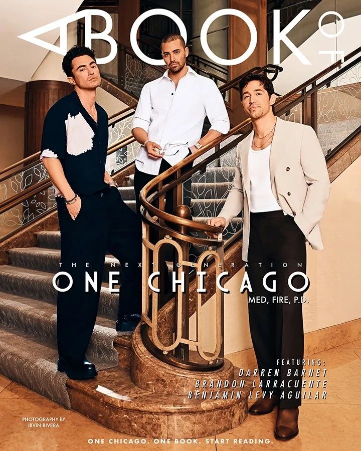 Three men pose on stairs for A Book magazine One Chicago edition featuring Darren Barnet, Brandon Chu, and Benjamin Levy Aguilar.