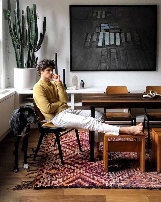 Young man in yellow sweater relaxing on chair beside black dog, colorful rug, cactus, and dark abstract artwork.