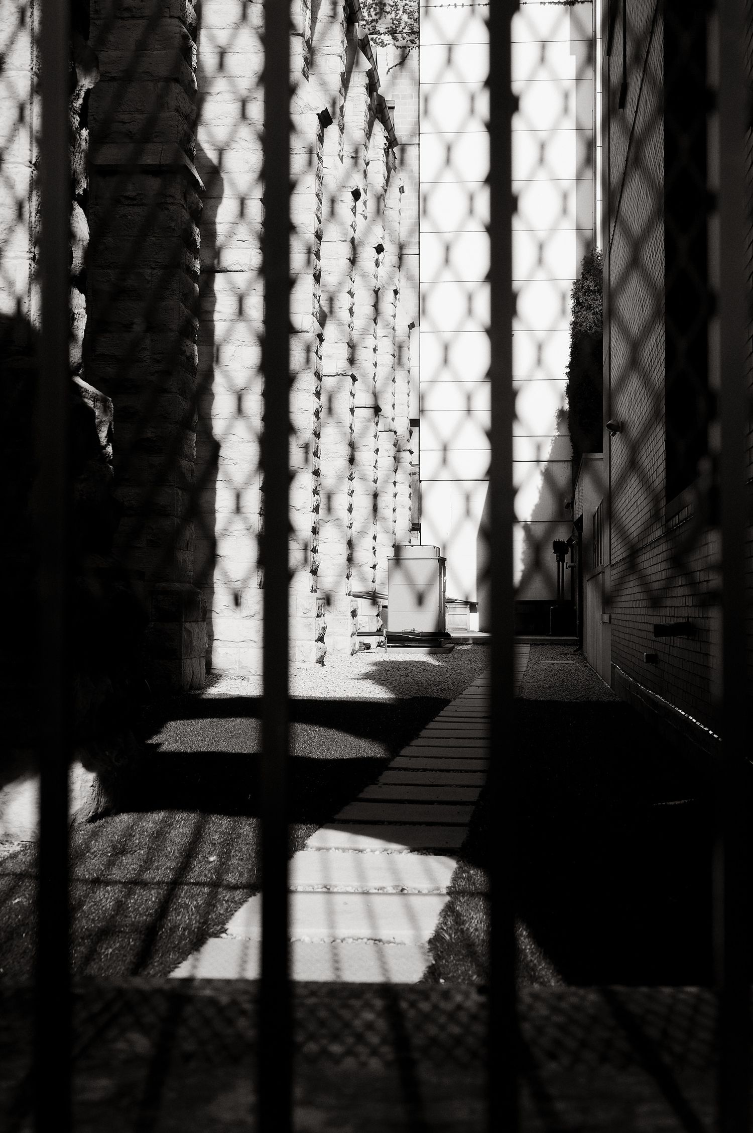 Black and white photo of a narrow alley viewed through metal gate bars with diamond mesh fence casting shadows.