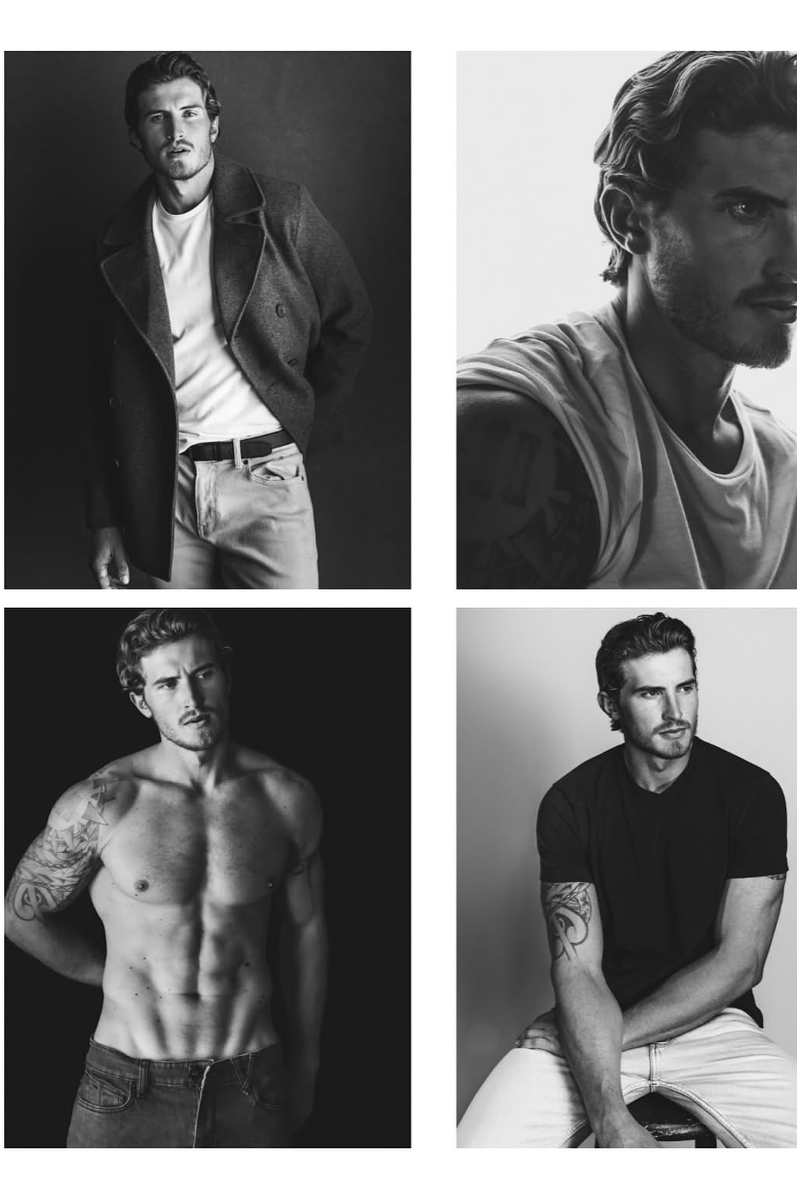 Black and white collage of a muscular male model with tattoos posing in various outfits and shirtless shots.