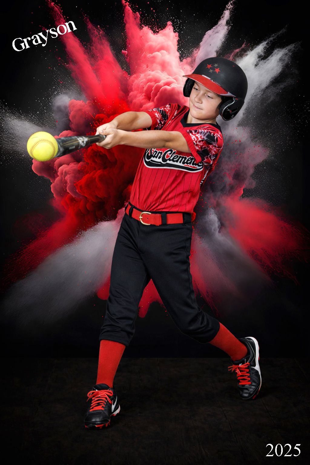 Creative youth softball portrait with powder effects by San Diego sports photographer Shadowcatcher Imagery