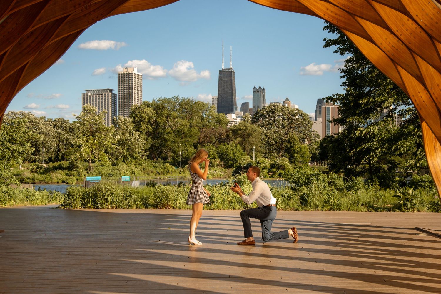 Man proposes to woman on one knee at Chicago's Lincoln Park with city skyline and lush greenery in background.