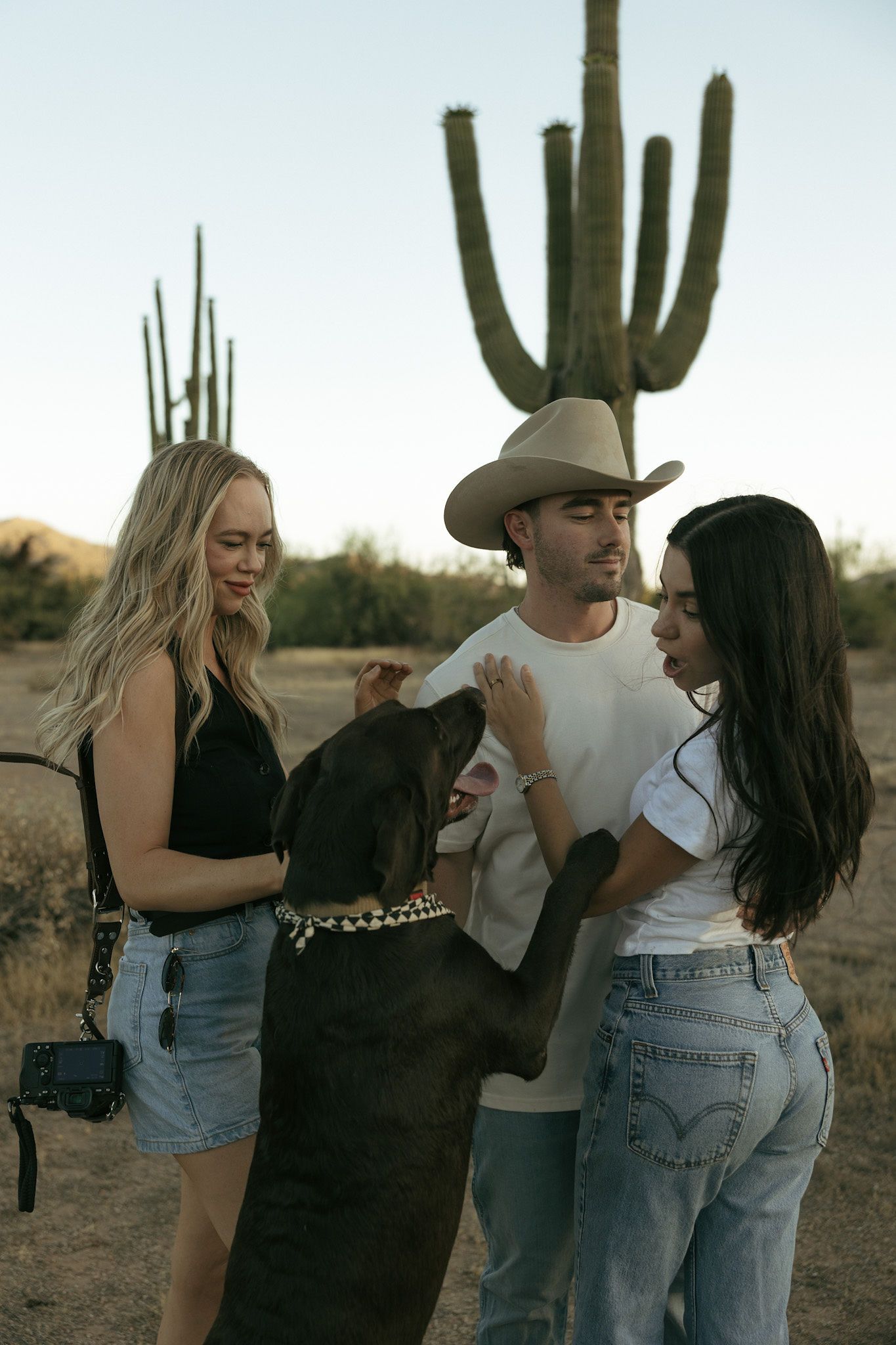 Two women and a man in a cowboy hat pet a large brown dog in the Arizona desert with saguaro cacti.