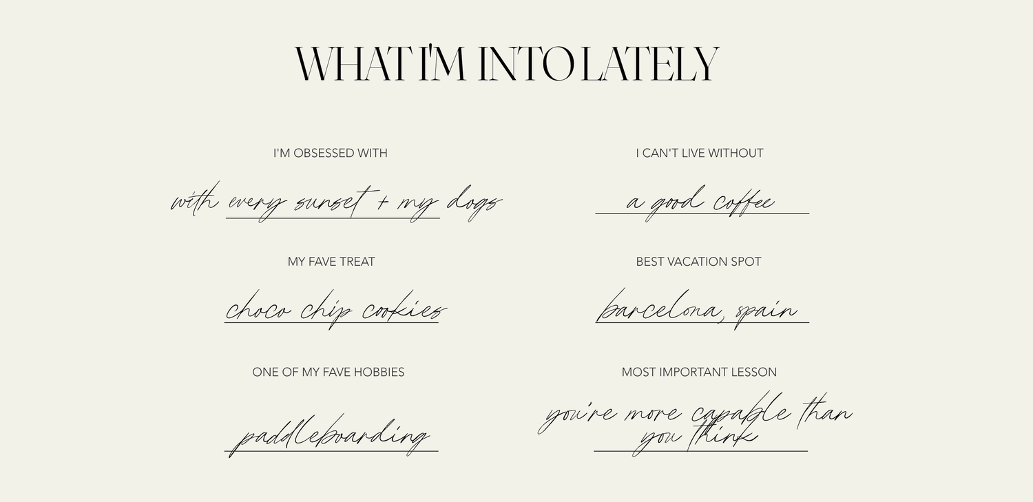 Elegant wedding website about me section with script and serif fonts on cream background.