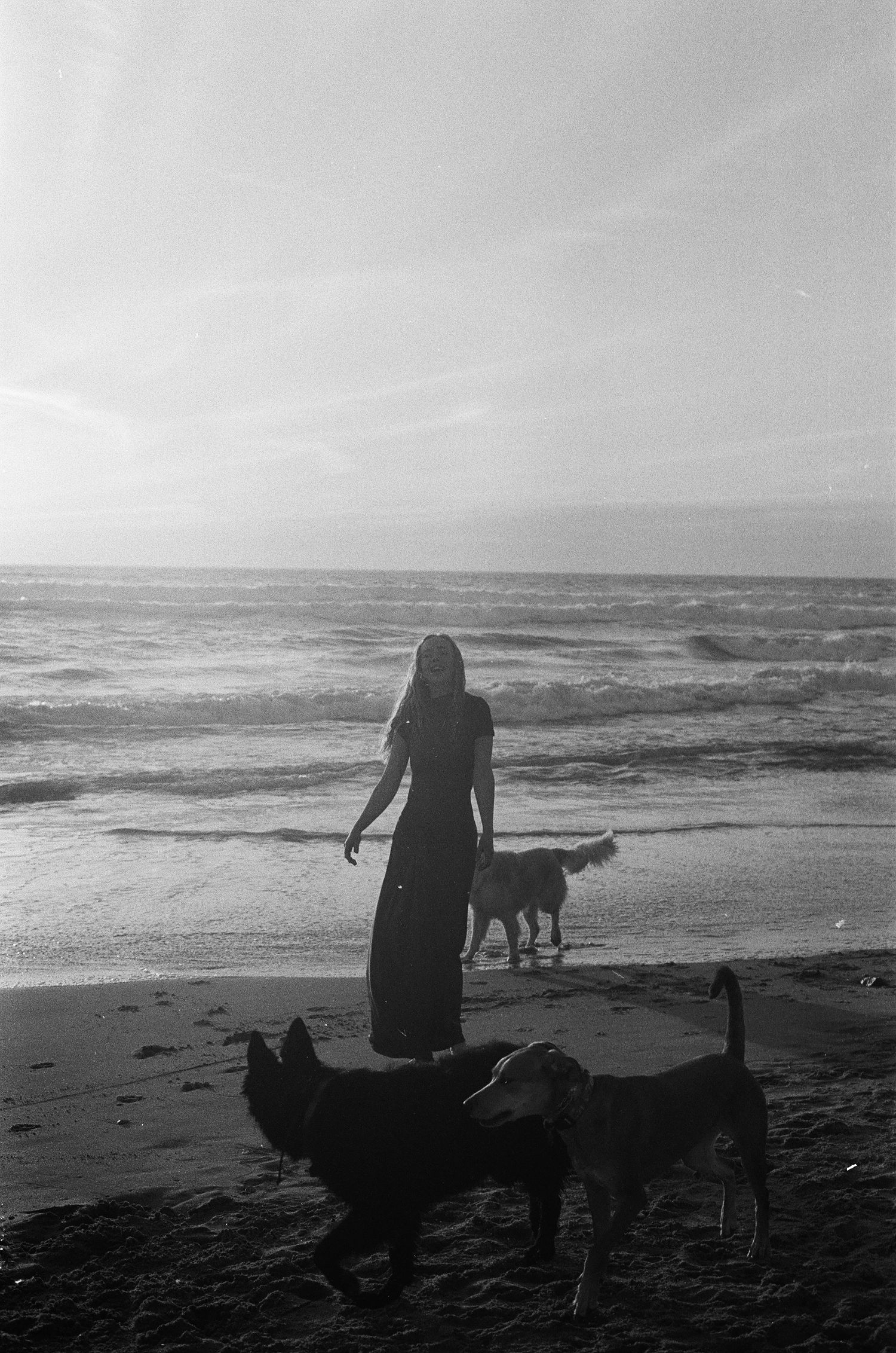 Woman in long dress standing on beach at sunset with two dogs near ocean waves in black and white photo.