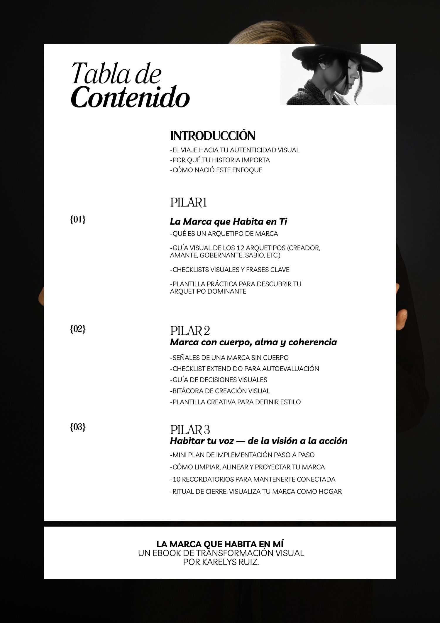Table of contents page for La Marca Que Habita En Mi, a Spanish visual branding transformation ebook by Karelys Ruiz.
