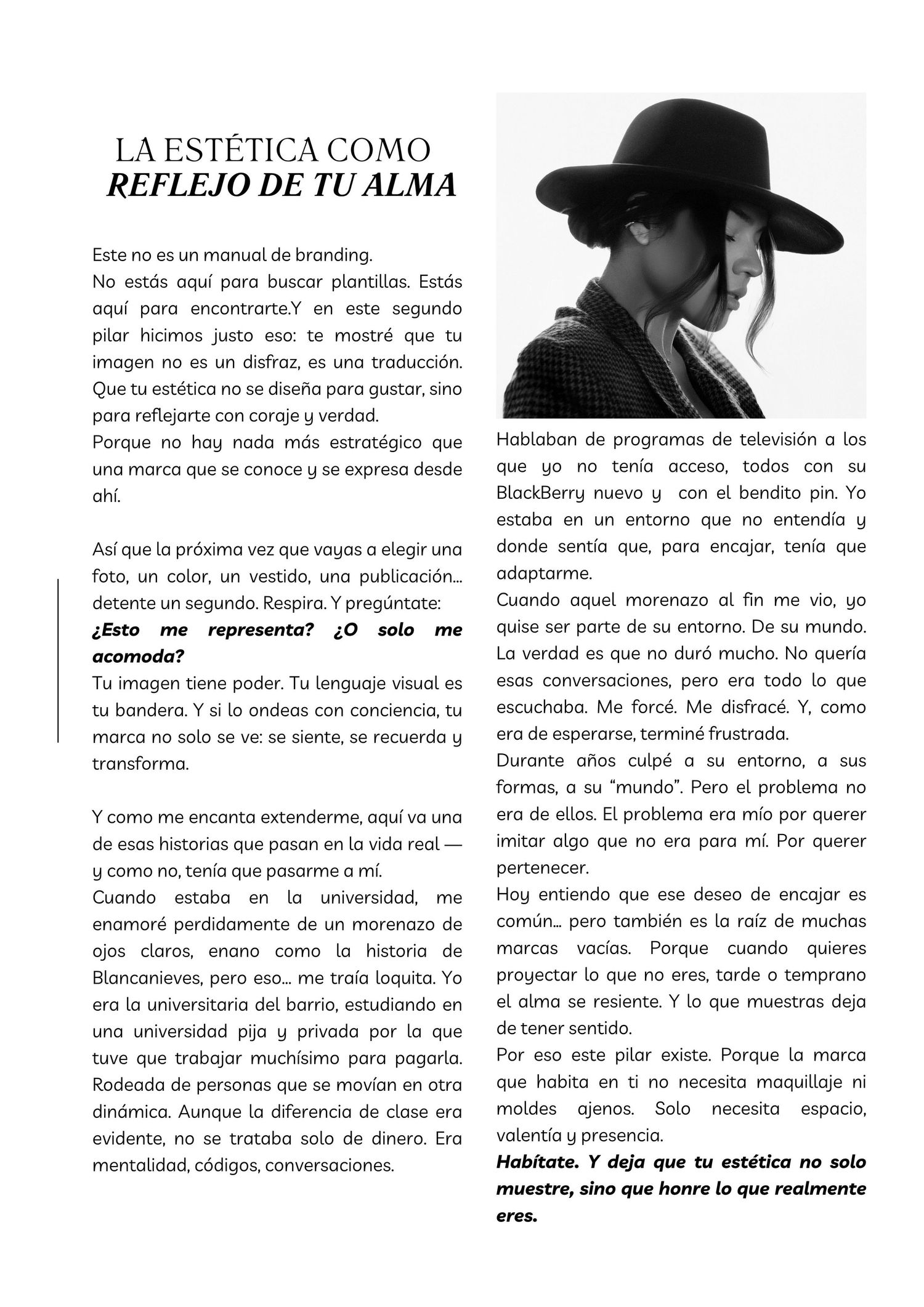 Spanish branding article titled 'La Estetica Como Reflejo de Tu Alma' with black text on white background.