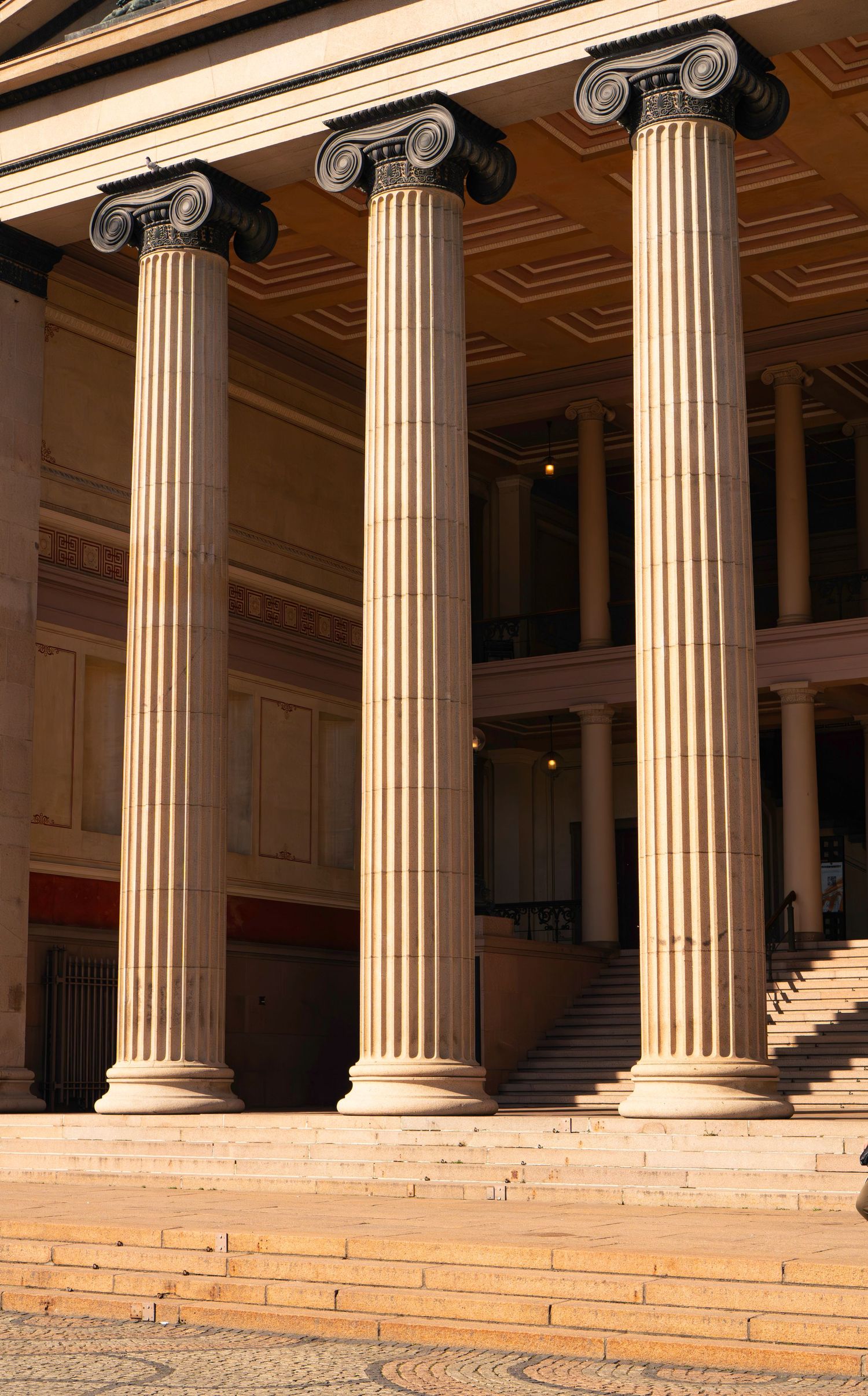 Tall Ionic columns with ornate capitals on the steps of a neoclassical building in warm sunlight.