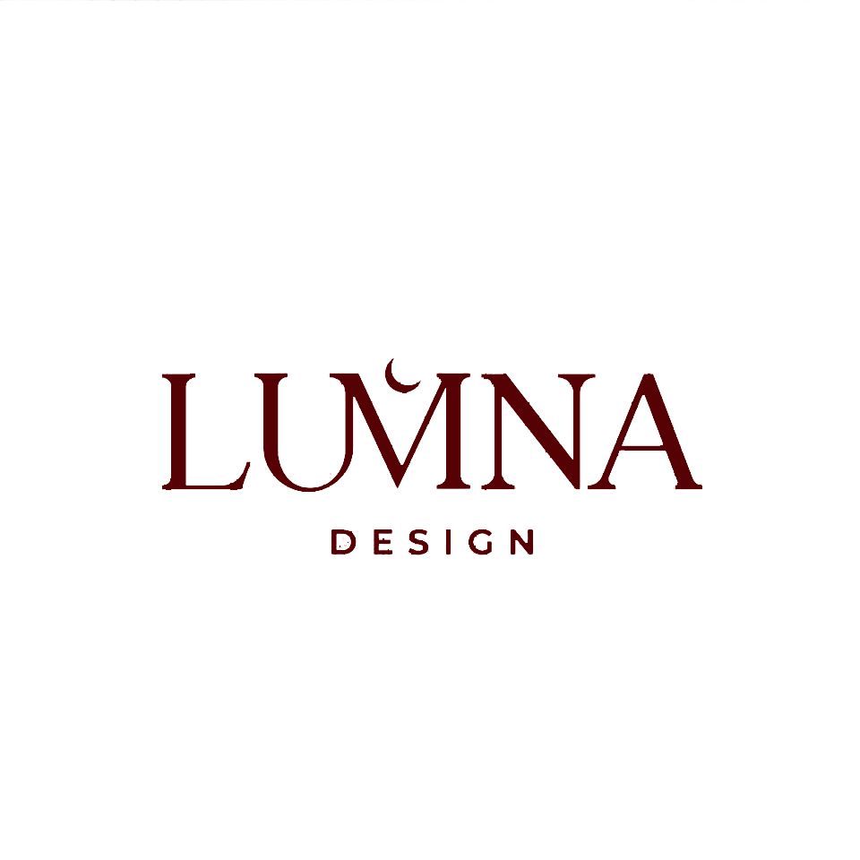 Lumina Design logo featuring bold dark red serif typography with a crescent moon accent above the letter M on white background.