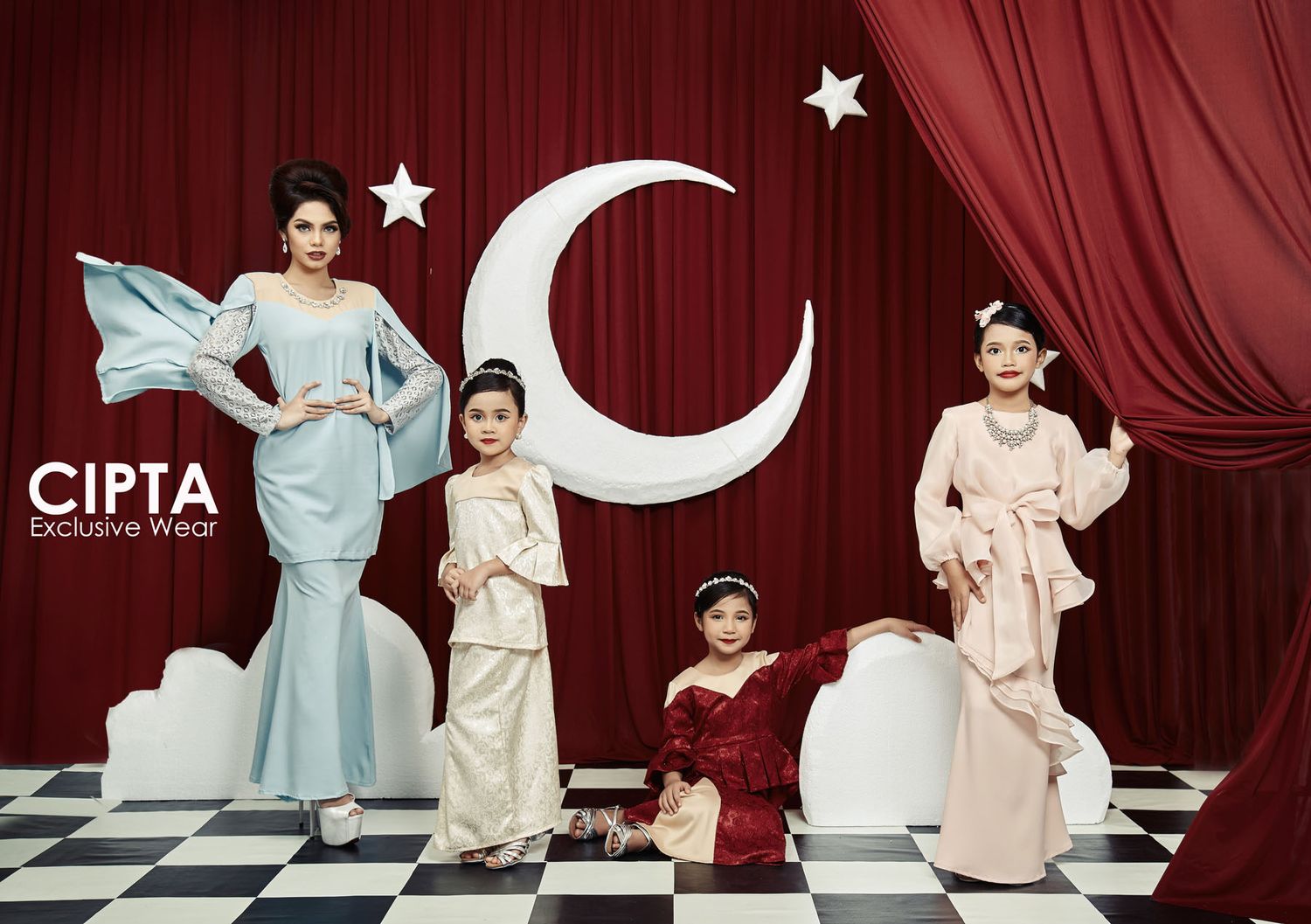 Cipta Exclusive Wear ad featuring woman and three girls in pastel baju kurung with crescent moon decor.