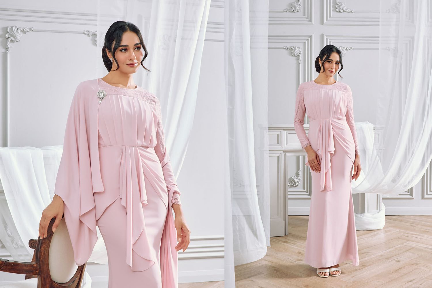 Woman in soft pink modest long dress with draped cape detail posing in white classical interior.