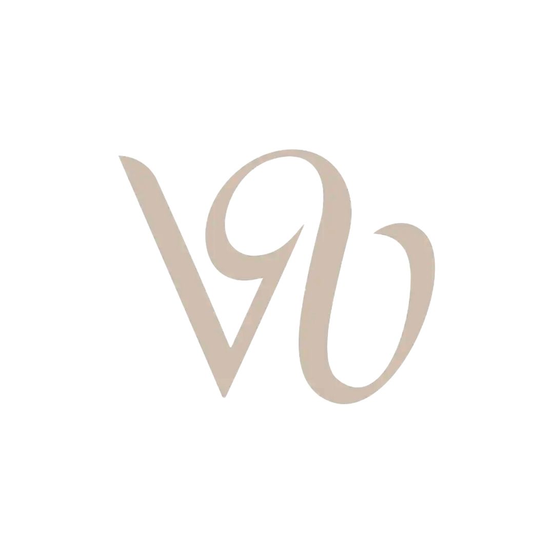 Elegant VW monogram logo in beige script lettering on white background.