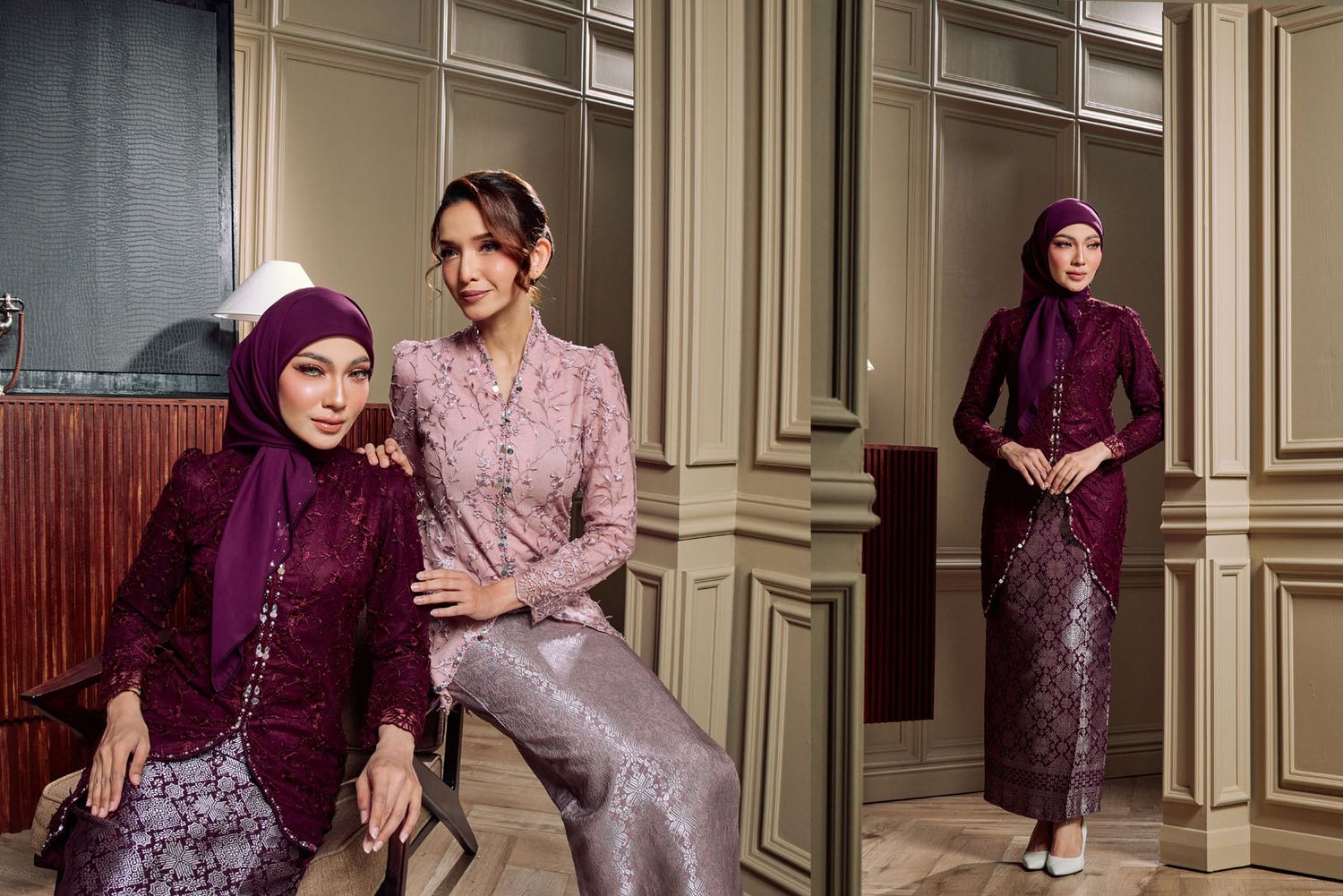 Three women in rich purple and mauve lace kebaya baju kurung sets in an elegant interior setting.