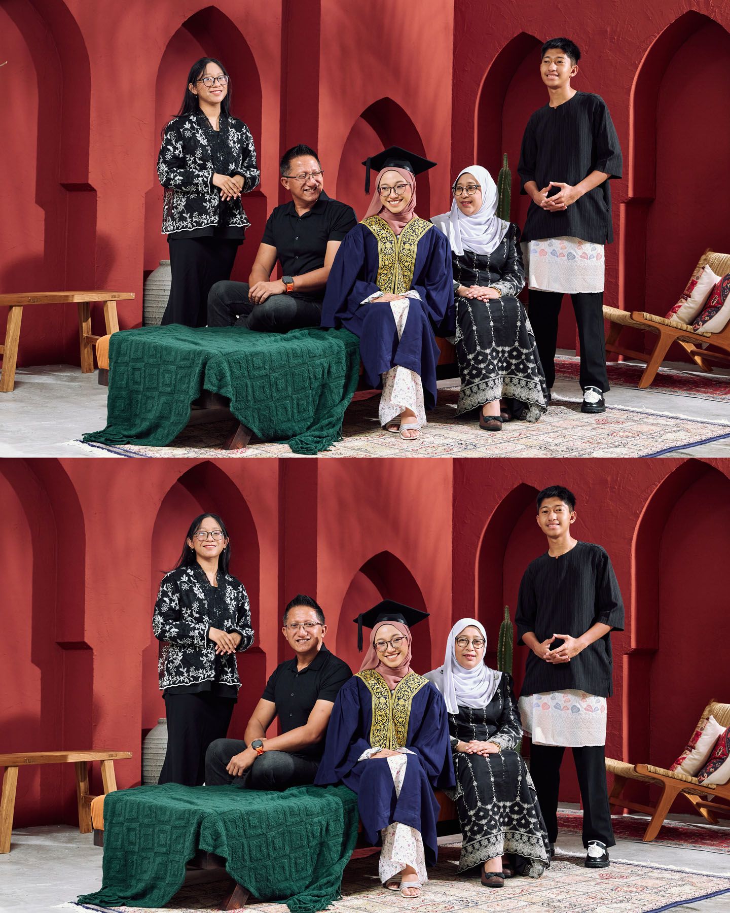 Family graduation portrait collage featuring graduate in navy gown with family against red arched backdrop.
