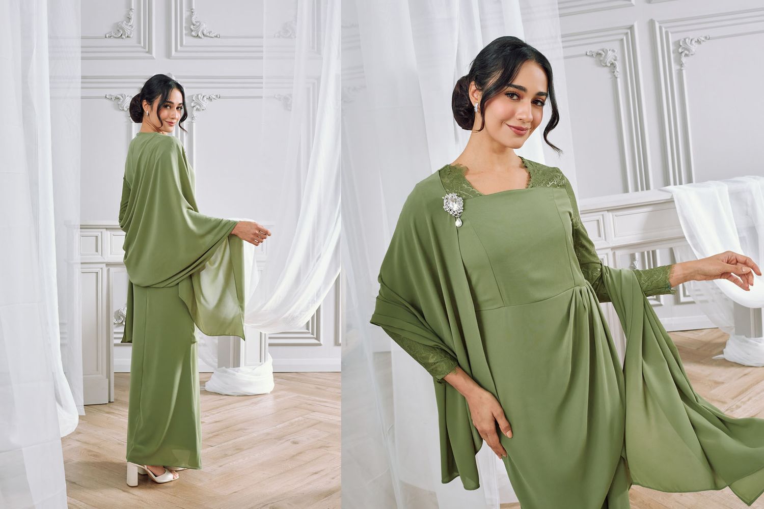 Woman modeling a sage green modest cape dress set with wide sleeves in a white interior.