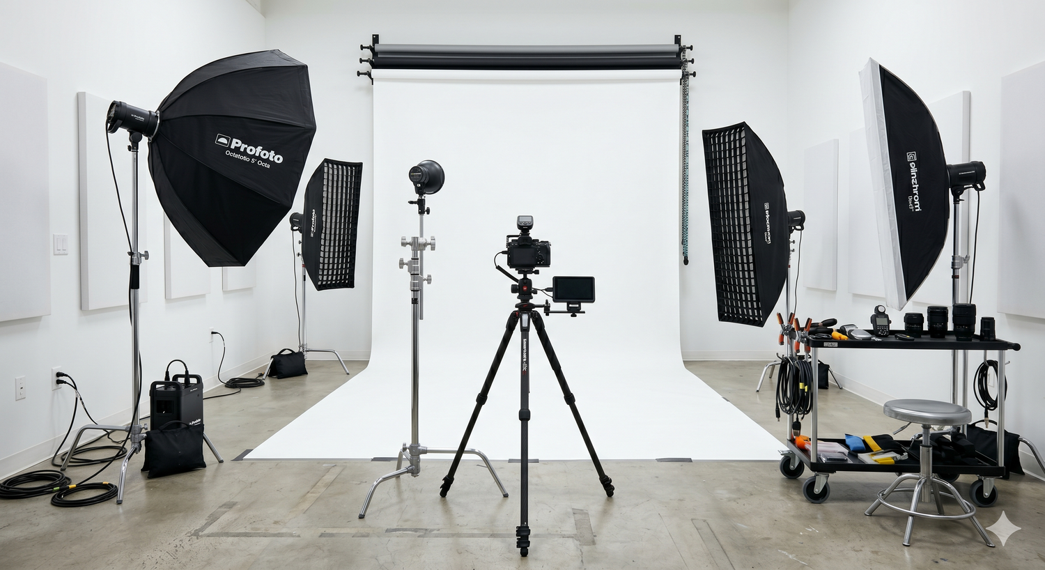 Professional photography studio setup with softboxes, umbrella lights, camera on tripod, and white backdrop.
