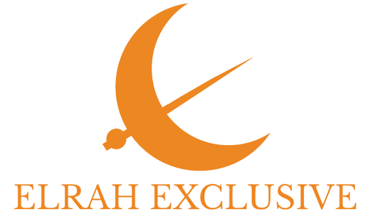 Elrah Exclusive logo featuring an orange crescent moon with a bird and arrow design above elegant brand text.