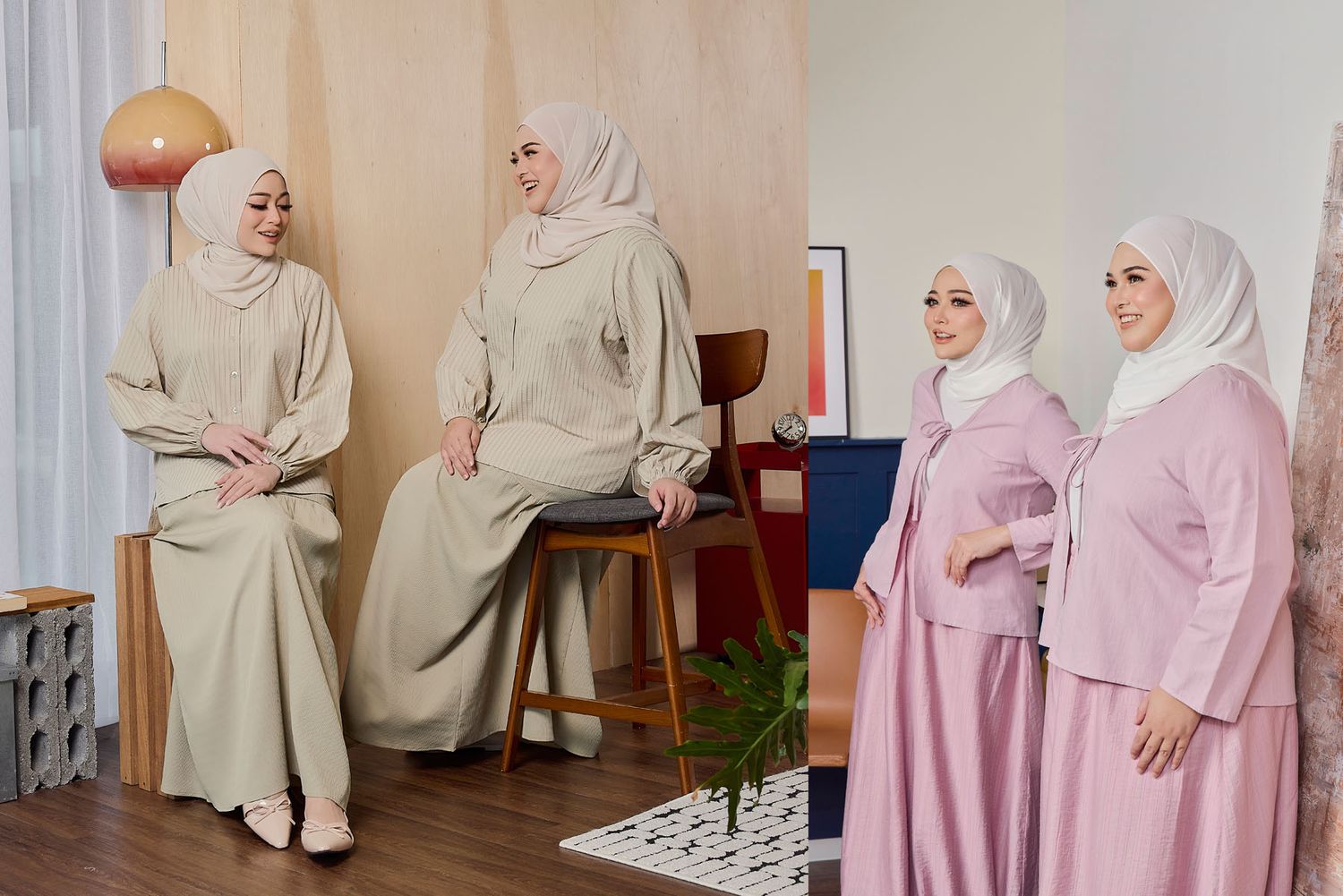 Four Muslim women modeling beige and pink modest fashion outfits with white hijabs in stylish interior.