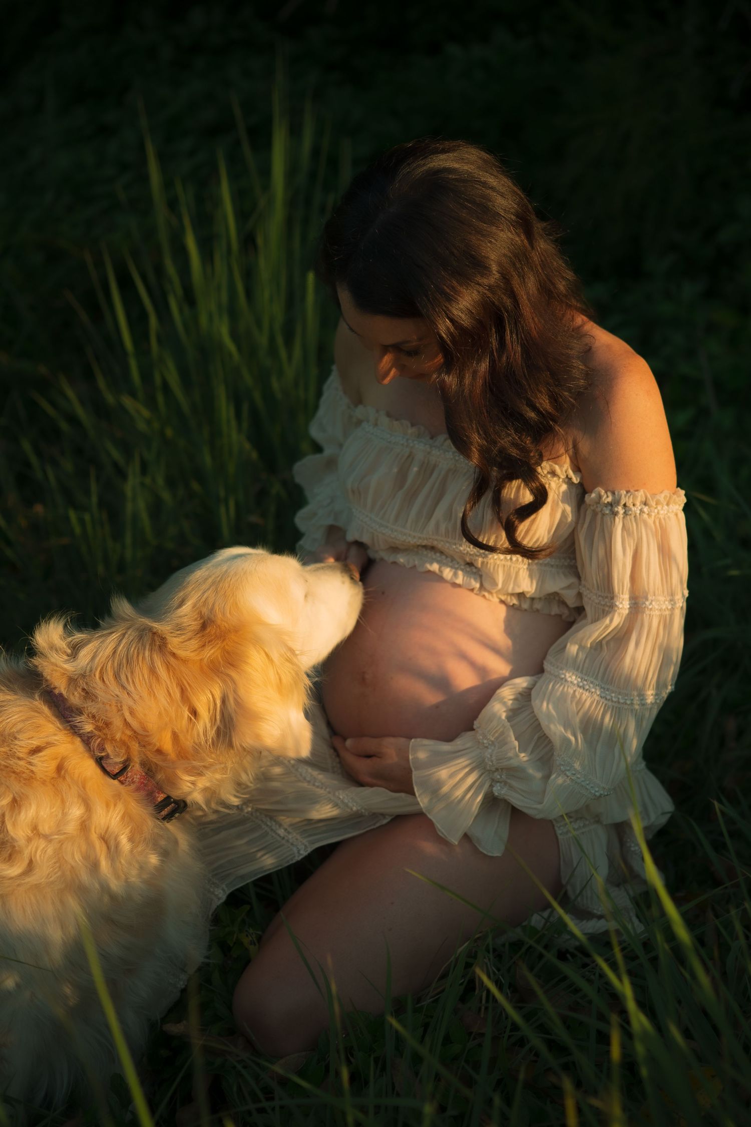 Pregnant woman in white lace dress sits in grass as golden retriever nuzzles her baby bump.