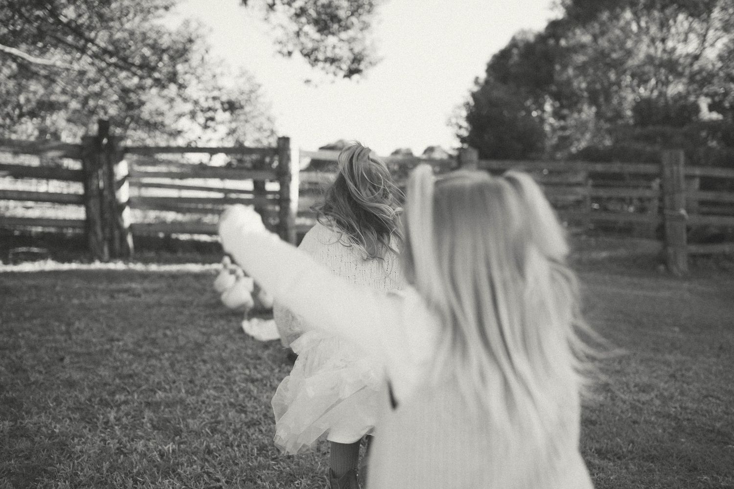 Two young girls with long blonde hair playing outdoors near a wooden fence in a black and white photo.