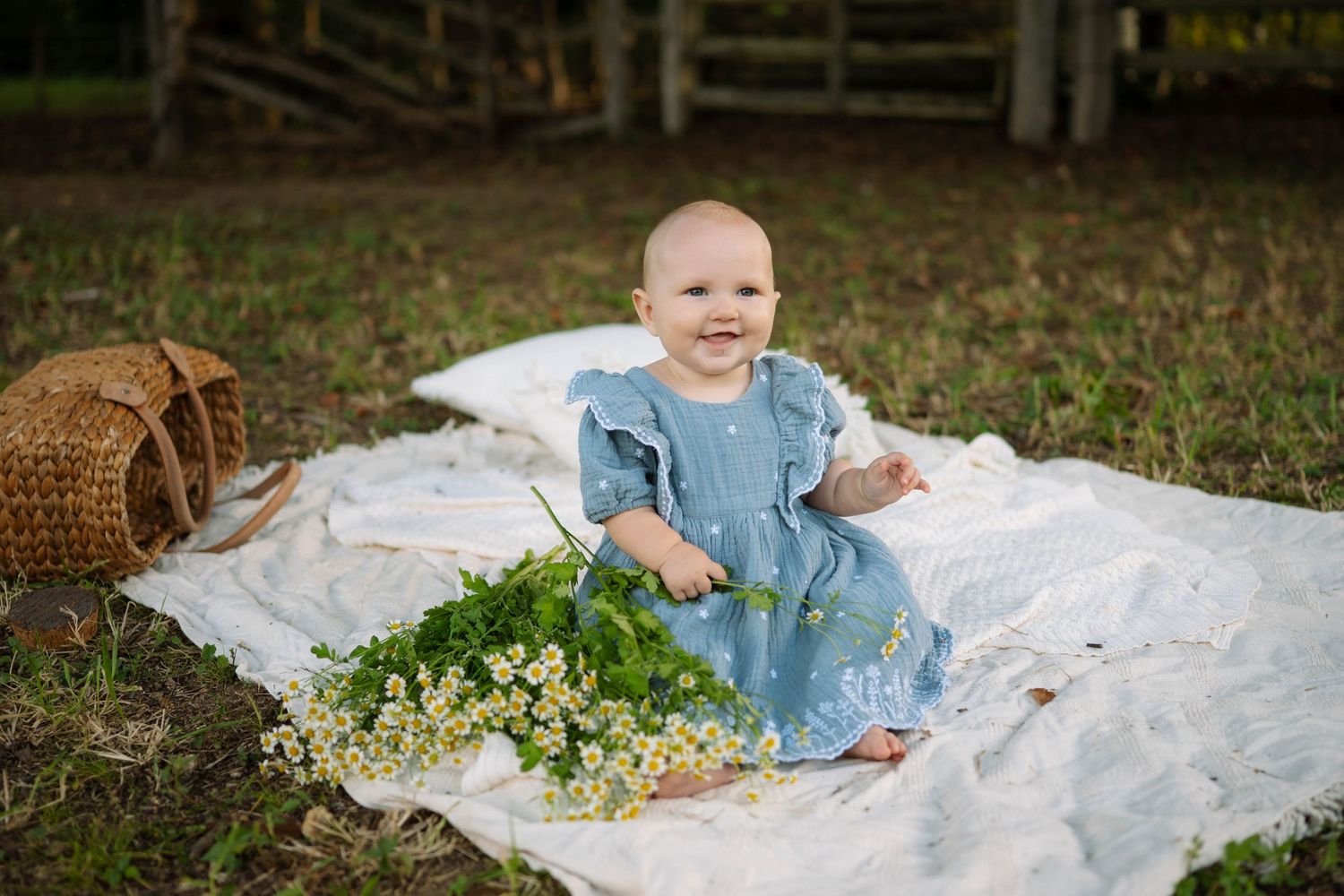 Smiling bald baby girl in blue ruffled dress sitting on white blanket with wildflowers in a farm setting.