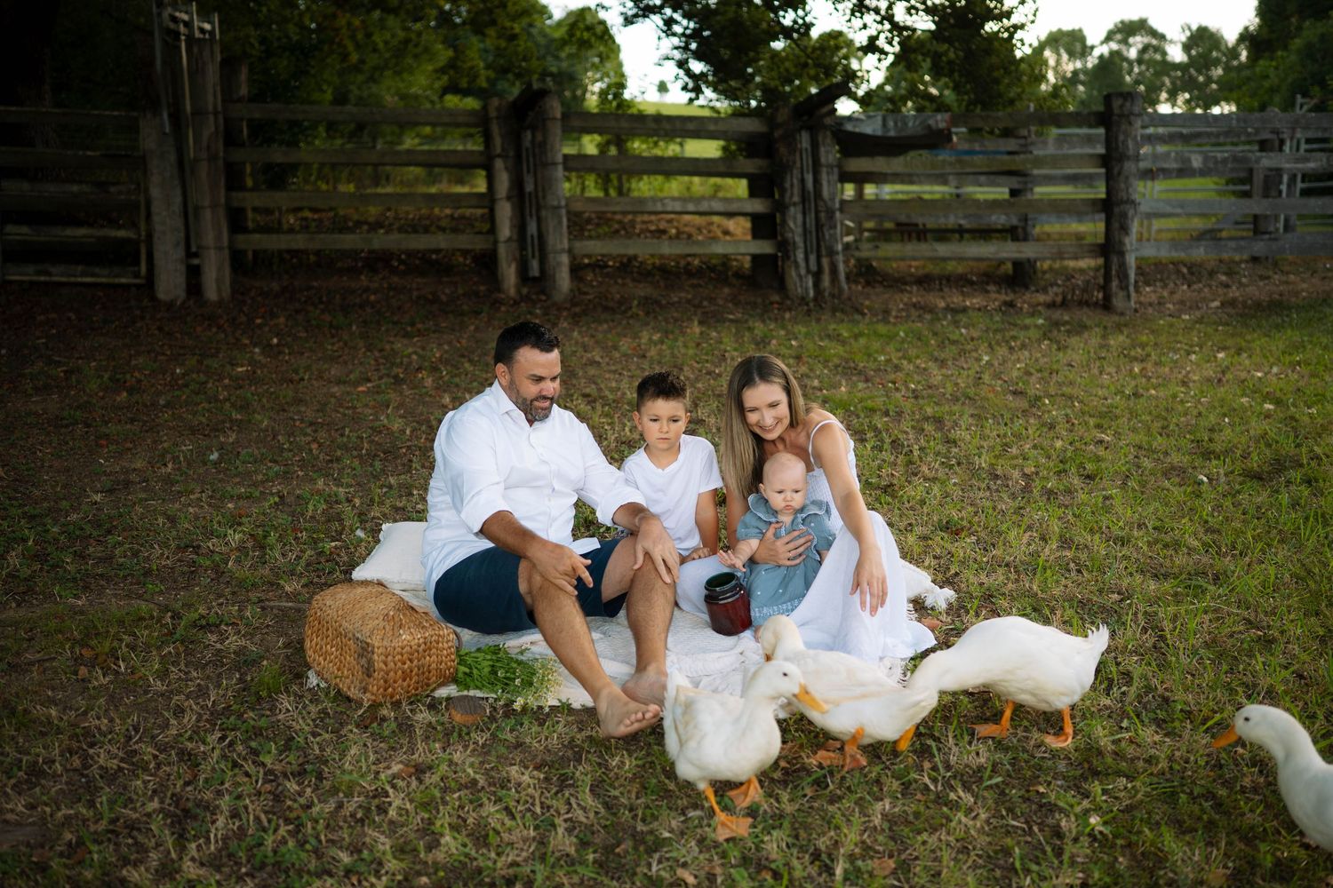 Happy family with two children sitting on a blanket surrounded by white ducks on a farm at sunset.