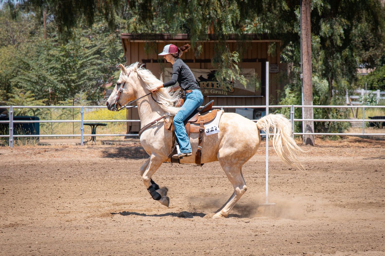 Young rider on a palomino horse cantering in a sunny outdoor riding arena.