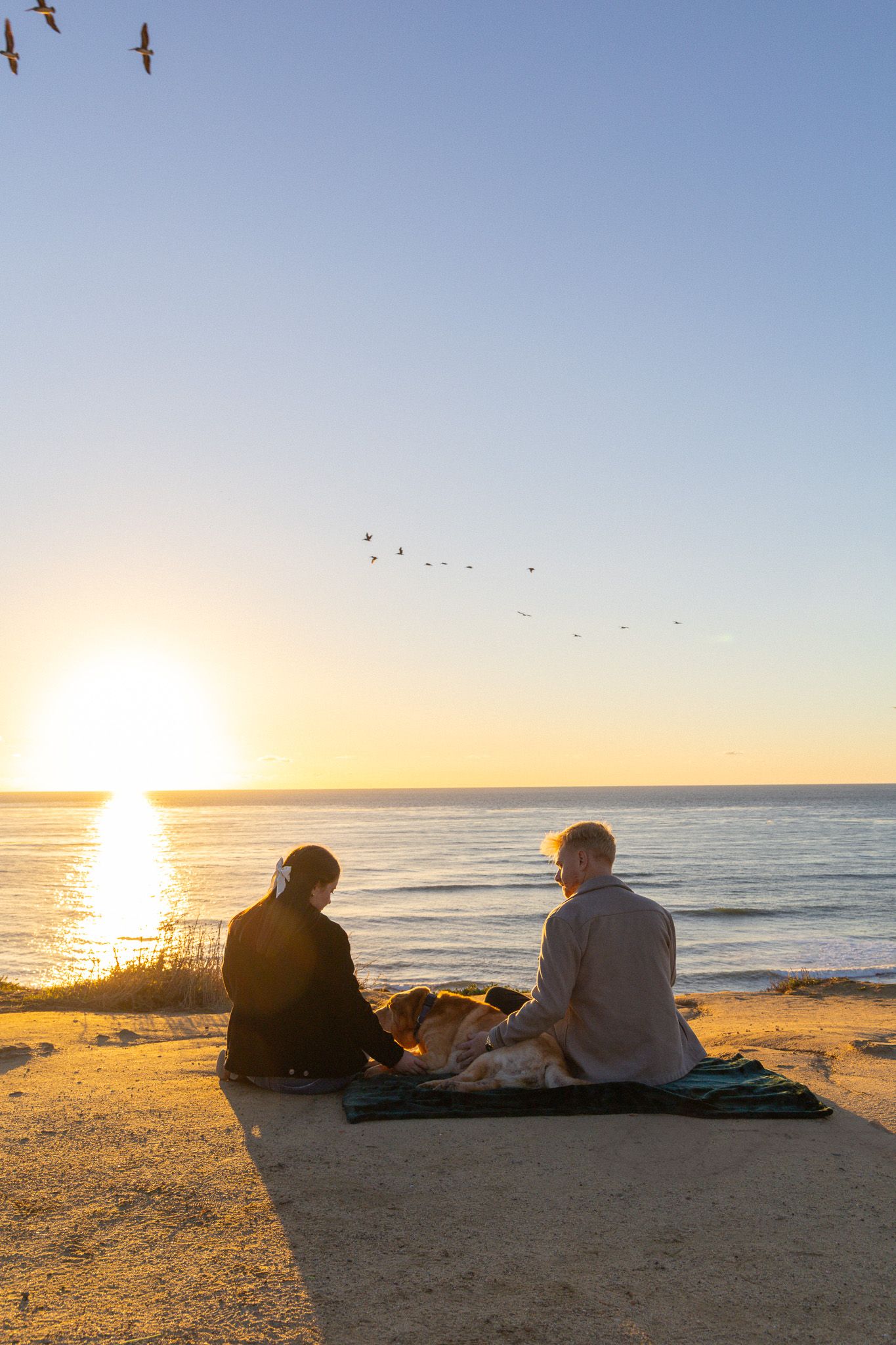 Two people sit on a blanket watching a golden sunset over the ocean with birds flying overhead.