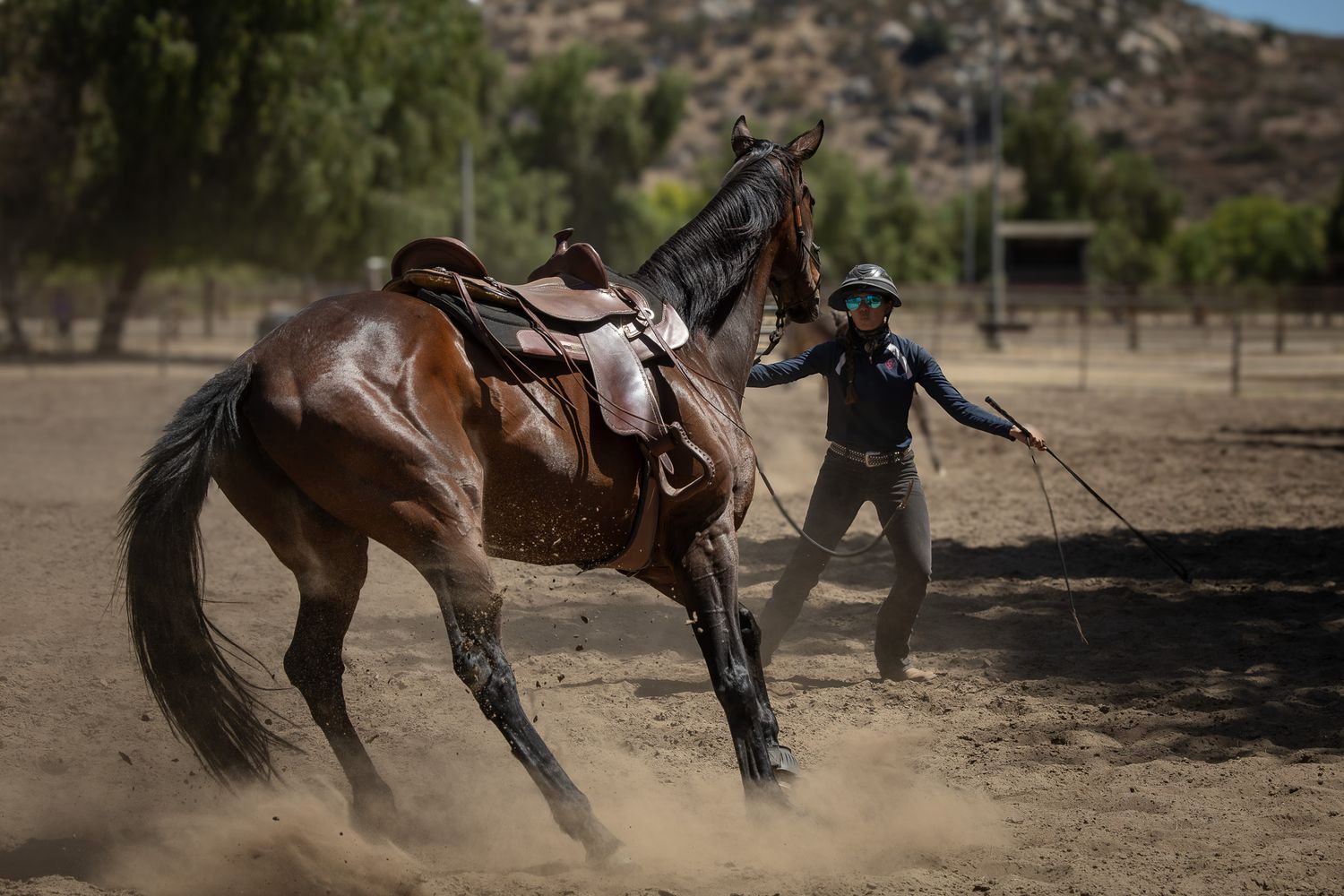 A trainer controls a rearing brown horse on a dusty ranch, demonstrating equestrian handling skills outdoors.