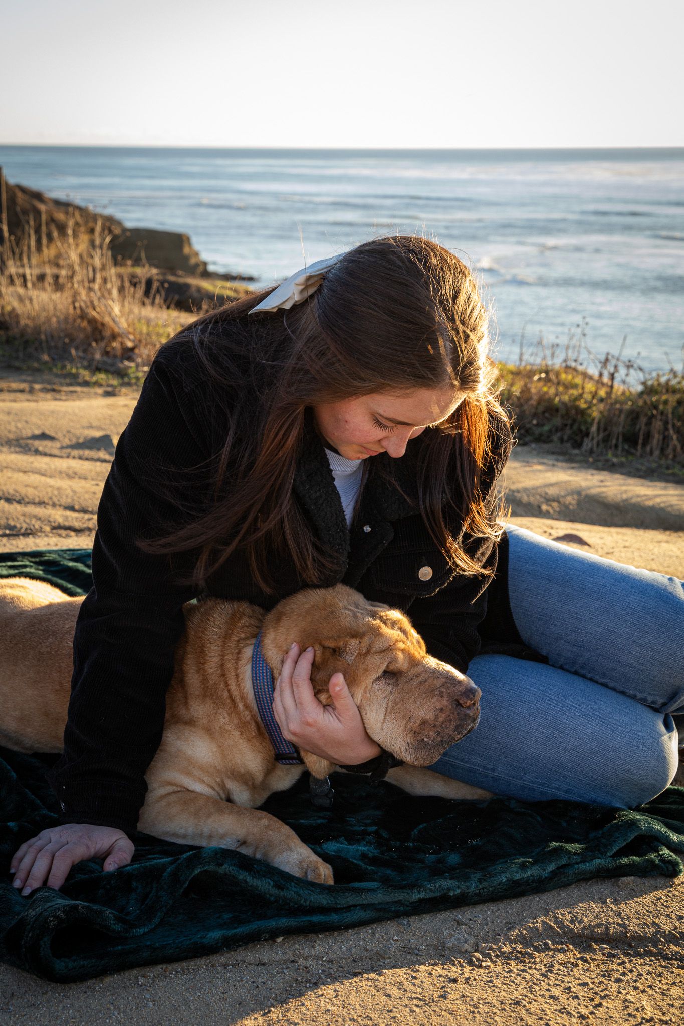 San Diego end of life pet photography featuring a young woman sitting on blanket by ocean, lovingly cuddling her Shar Pei dog at sunset.