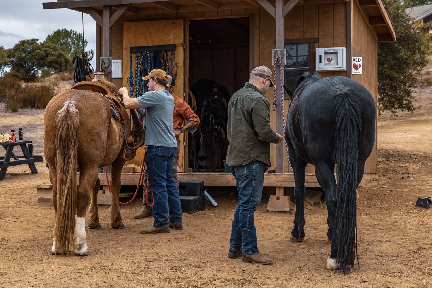 Two people grooming horses outside a stable building at a rural ranch.
