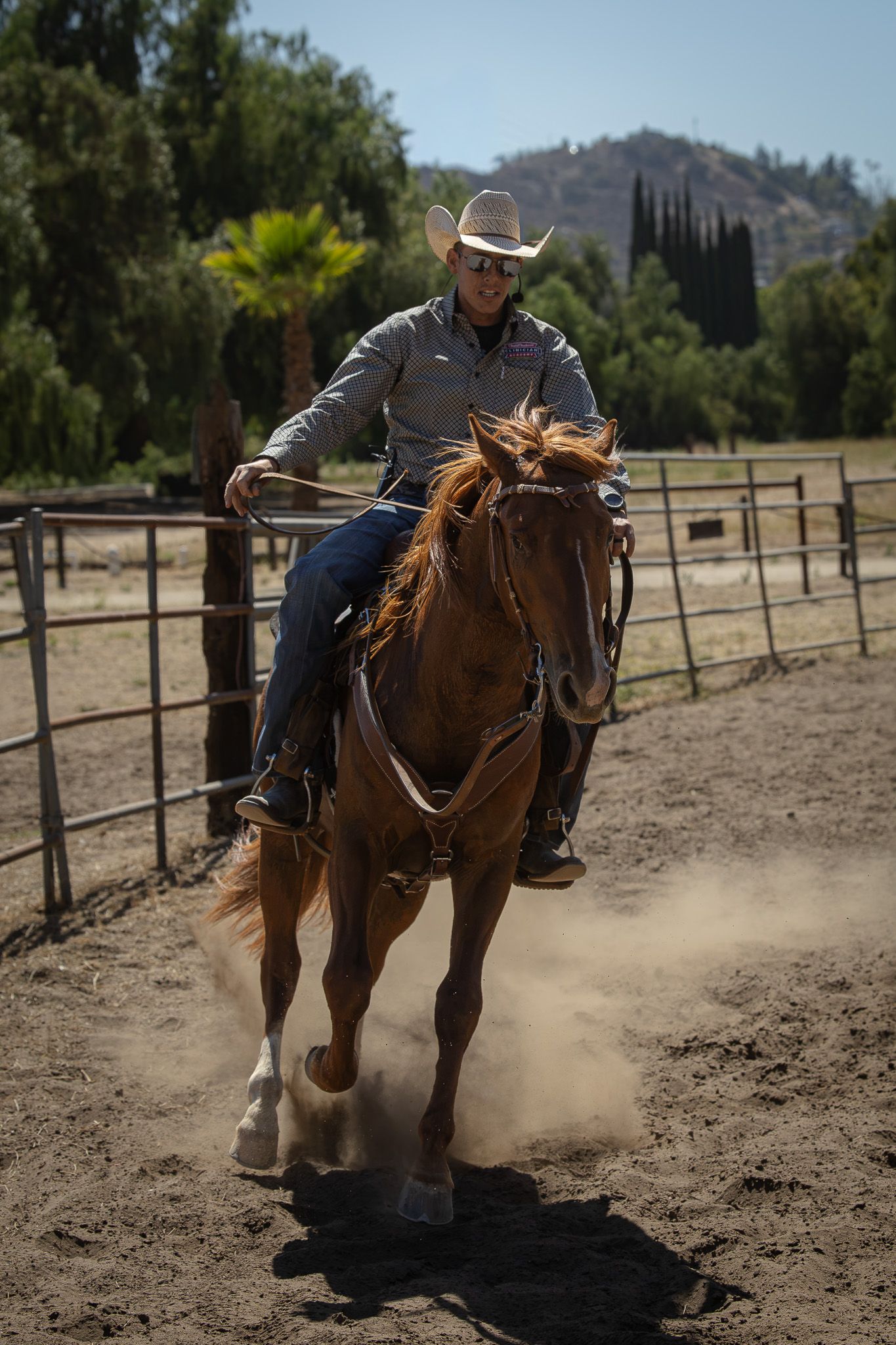 Cowboy in white hat rides chestnut horse in dusty corral with green trees and hills in background.