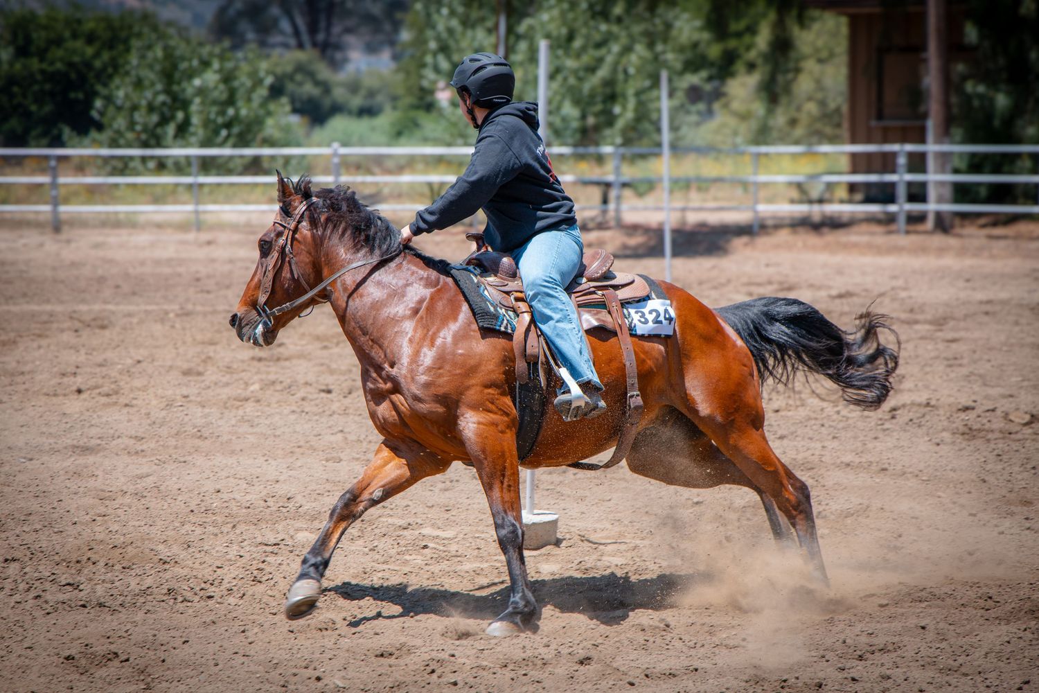 A rider on a chestnut horse gallops through a dirt arena kicking up dust during an equestrian event.