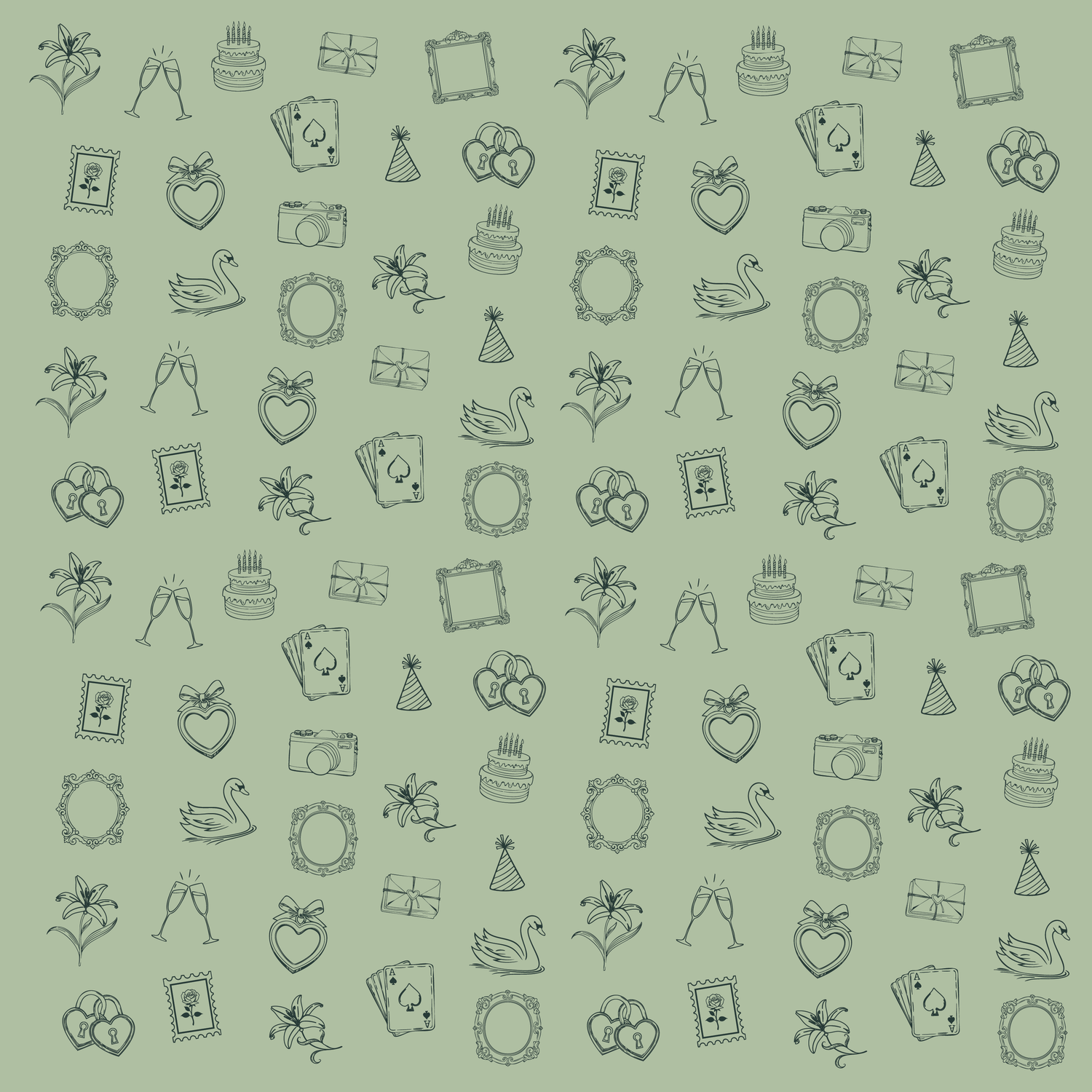 Sage green seamless pattern with wedding doodle icons including cake, rings, and champagne.