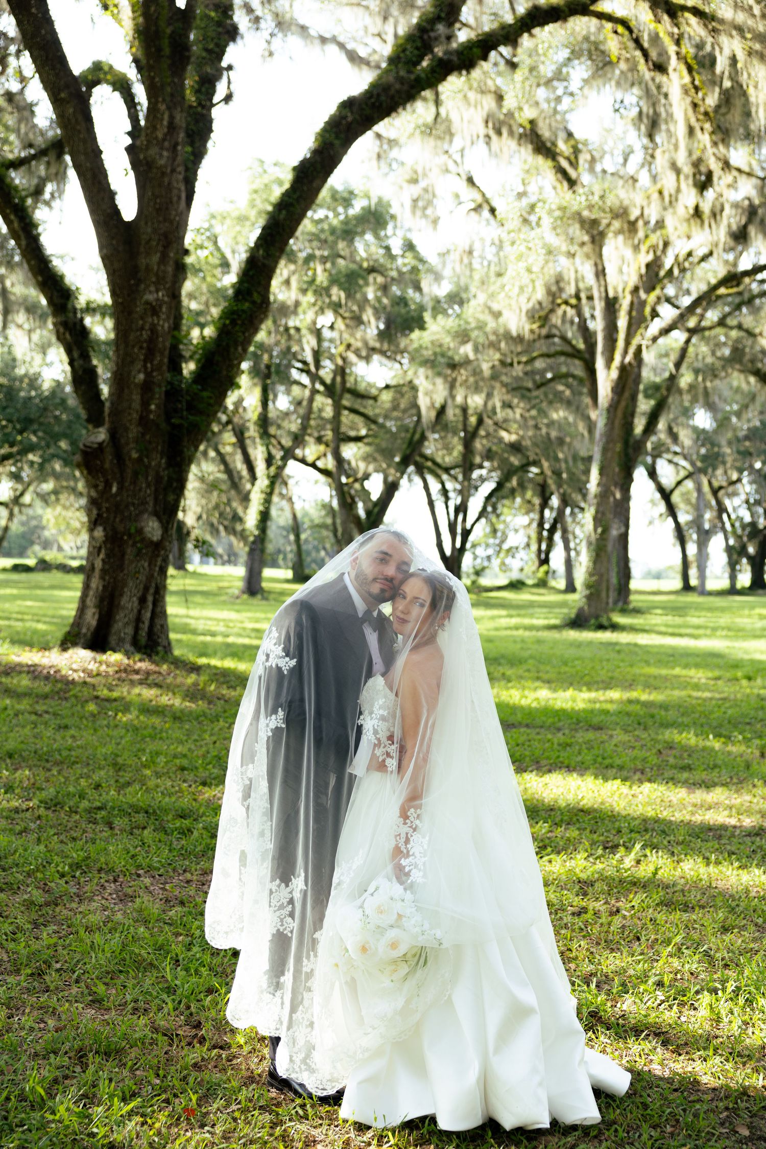 Bride and groom share a romantic moment under a flowing wedding veil among moss-draped oak trees.