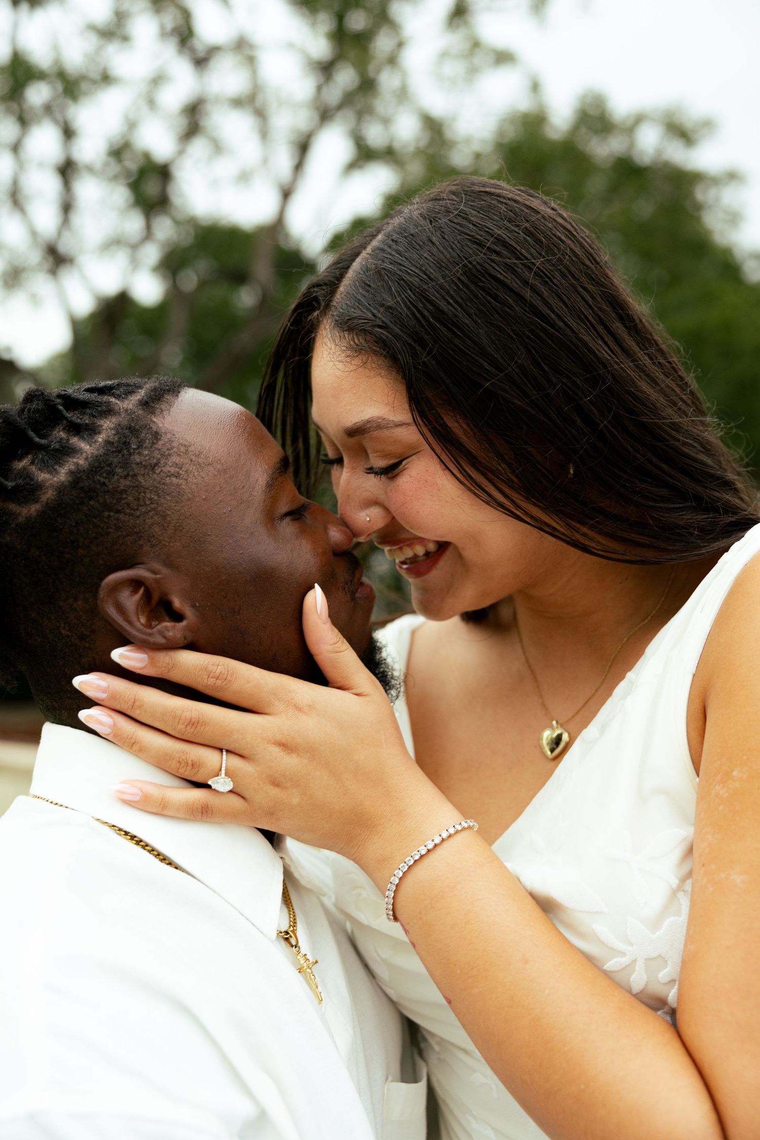 Close-up candid engagement photo, beautiful engagement ring