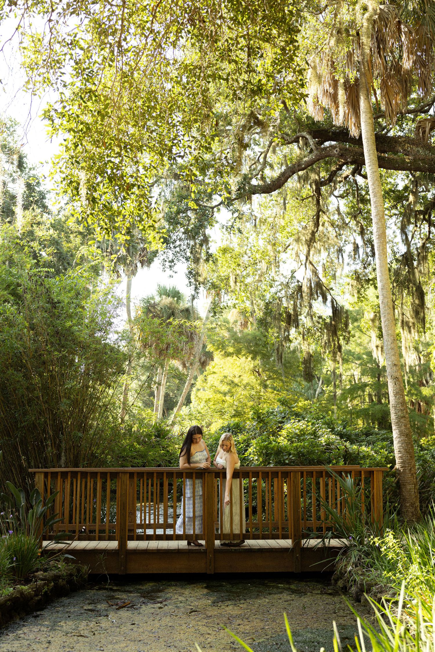 Two women stand on a wooden bridge surrounded by lush greenery and Spanish moss-draped trees in a botanical garden.