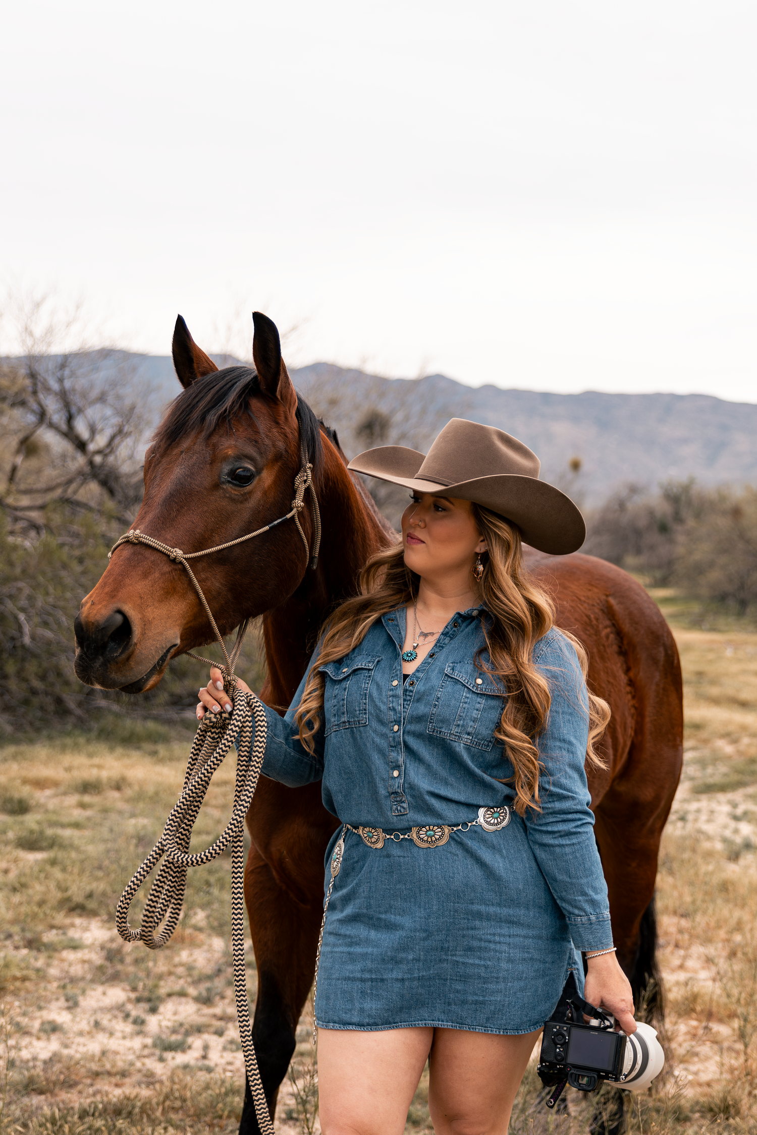 Western photographer in dress and cowboy hat holding camera beside bay horse in Arizona desert at sunset