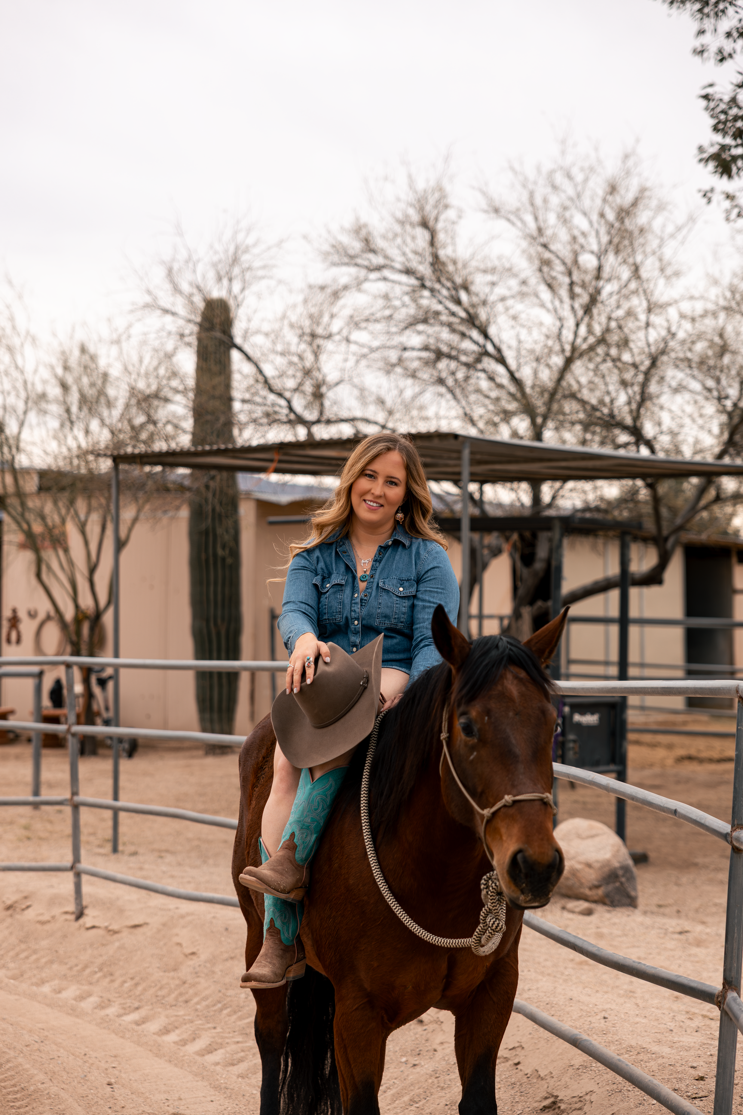 Western photographer sitting bareback on bay horse in Arizona desert, cowgirl lifestyle portrait