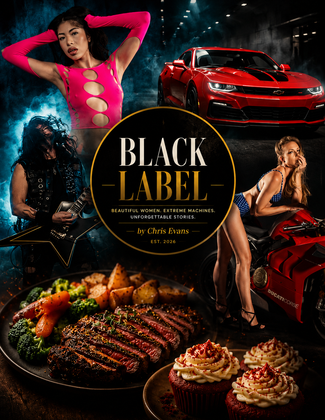 Black Label magazine cover featuring women, a red sports car, gourmet food, and rock musician by Chris Evans.