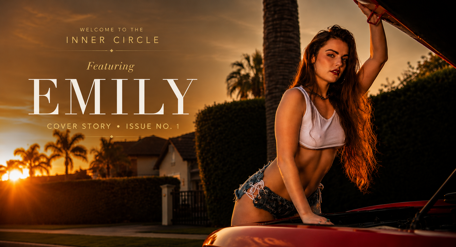 Woman named Emily featured on a magazine cover, posing near a red car at sunset in a scenic outdoor setting.