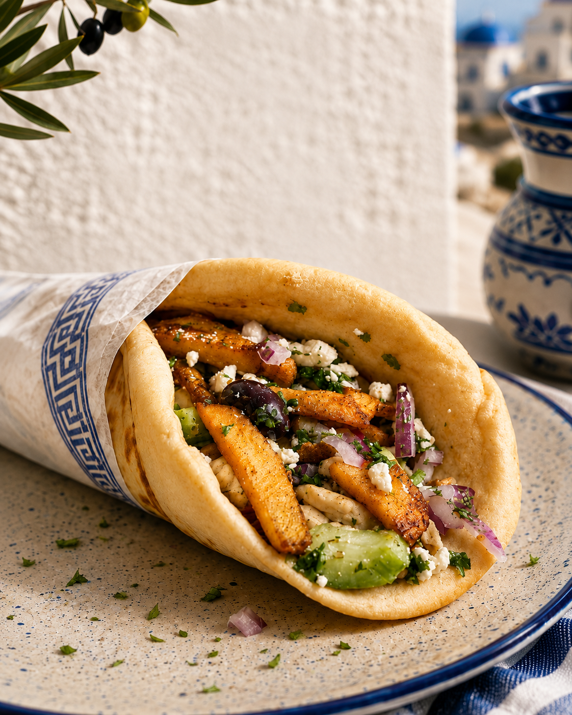 Greek chicken gyro wrap with feta, olives, red onion, and herbs in pita bread on a ceramic plate with Mediterranean decor.