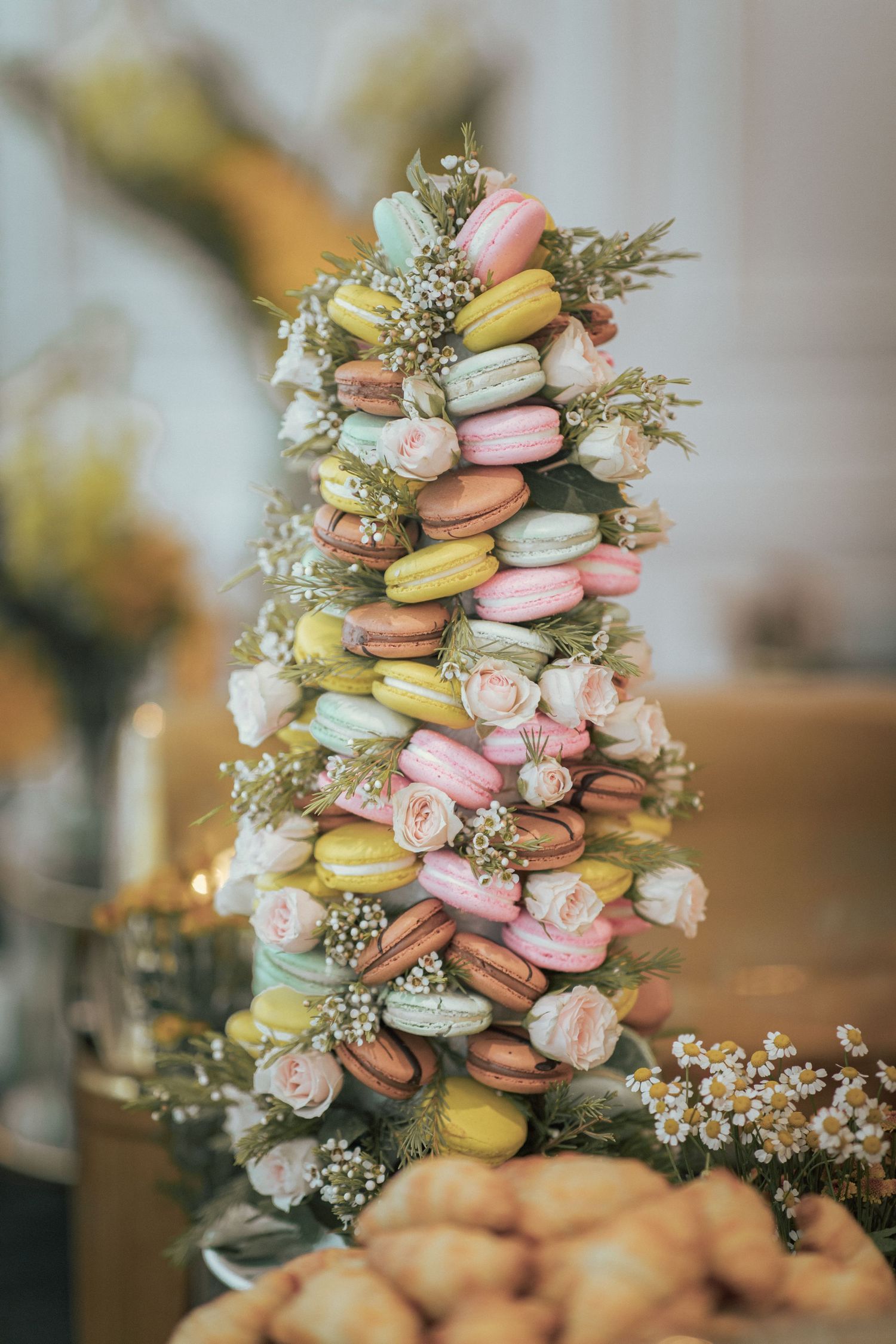 A tower of pastel macarons