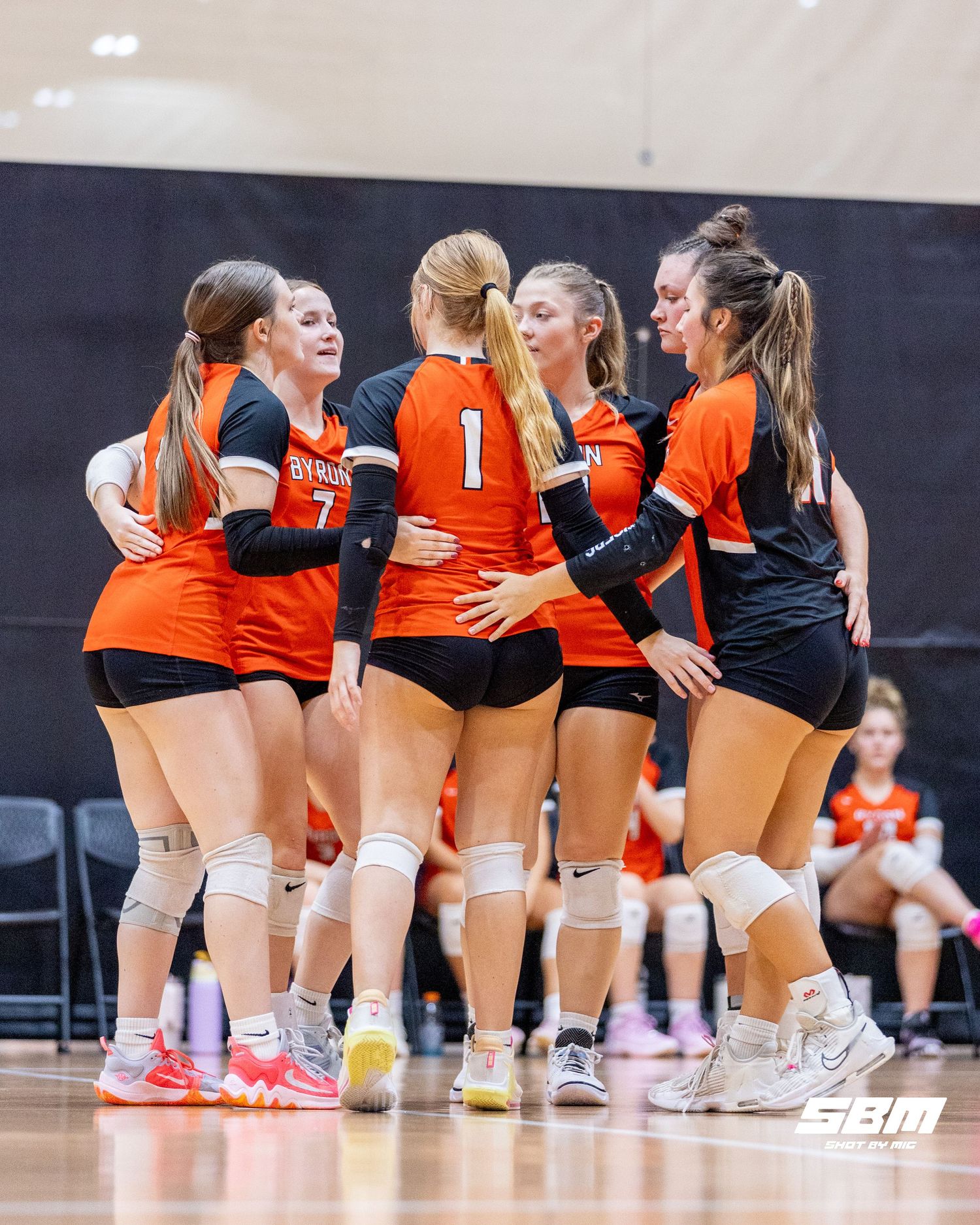 Byron's Volleyball team prepares for their match during Byron's 2-0 win against Scales Mound on Saturday, Sep. 16, 2025