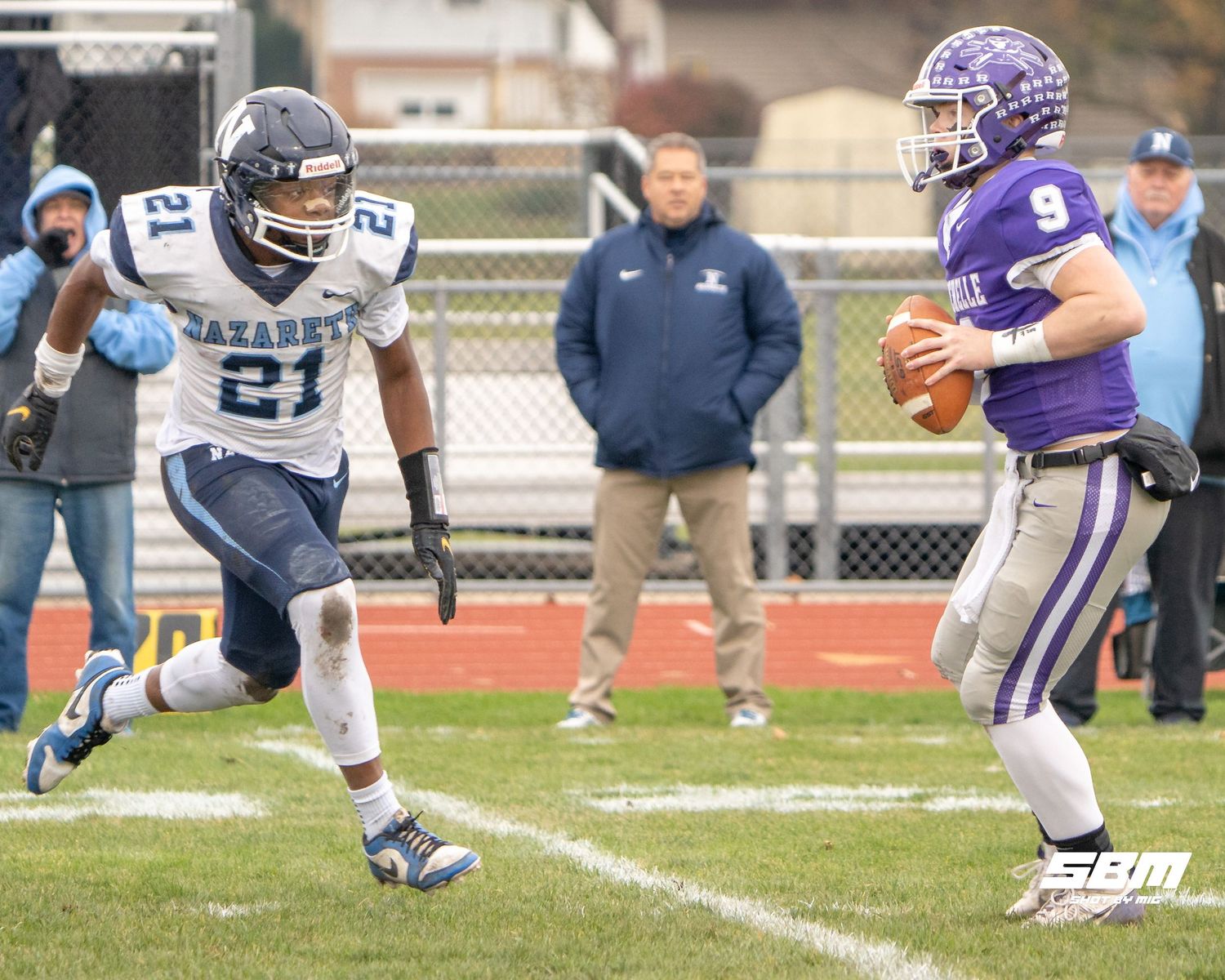 Nazareth's Lesroy Tittle prepares to sack Rochelle quarterback Lesroy Tittle in their 42-8 win over Rochelle.