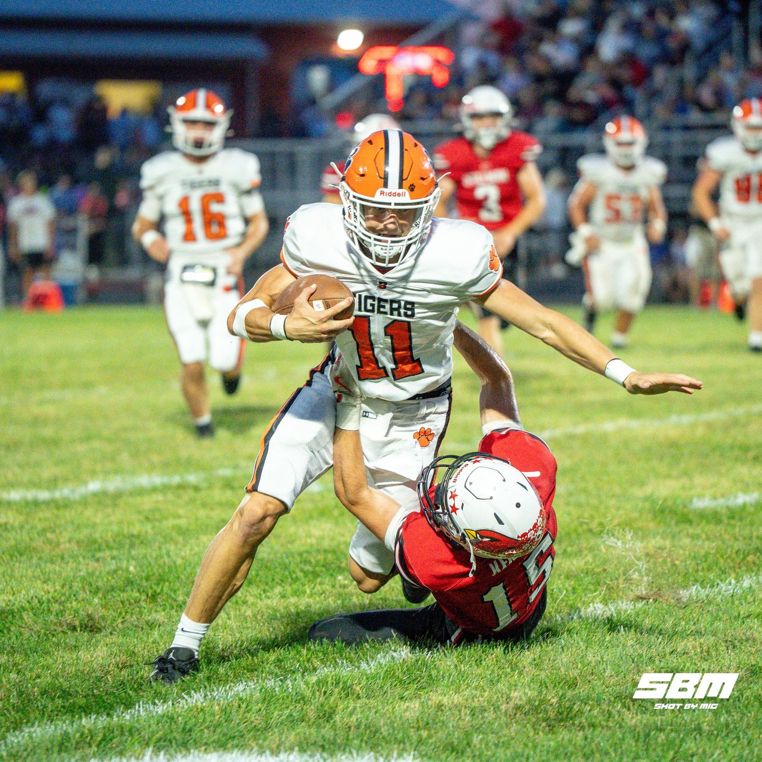 Byron's Weston Auker gets pasted the Stillman Valley defender during their 63-9 win over Stillman Valley.