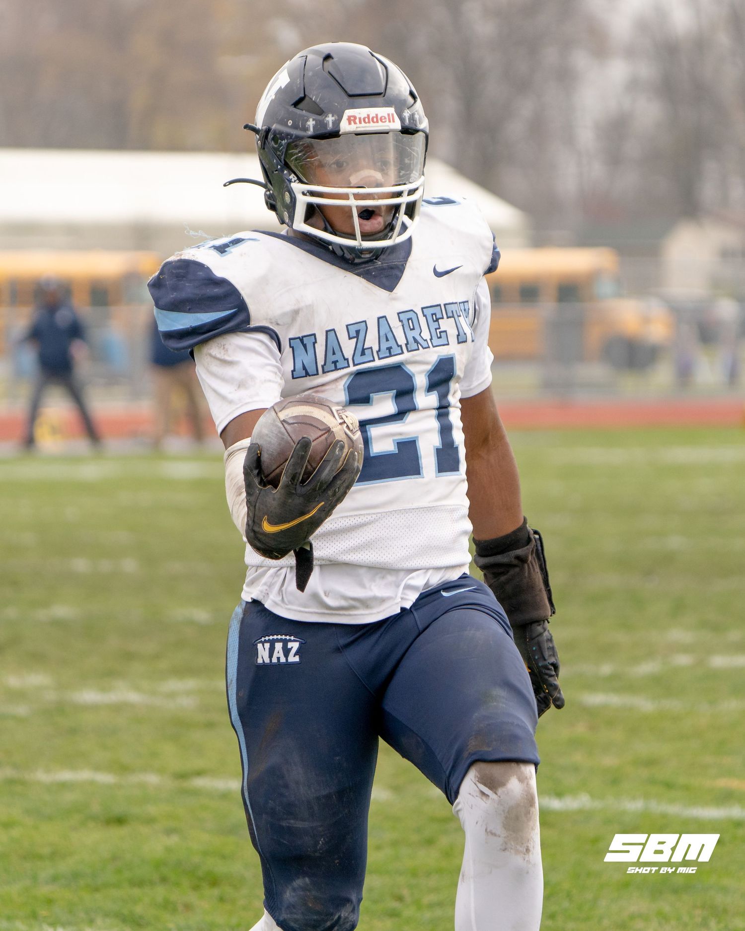 Nazareth's Lesroy Tittle celebrates after walking in a touchdown during their 42-8 win over Rochelle.