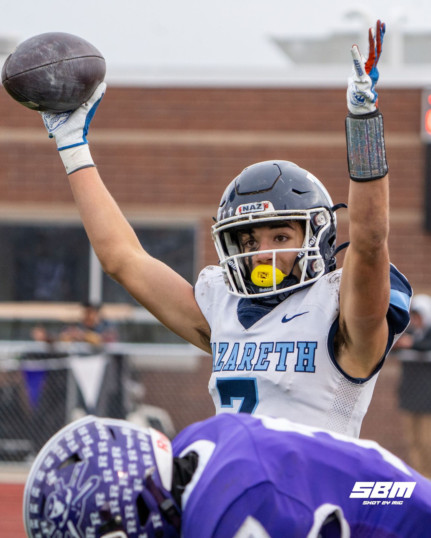 Nazareth's Jake Cestone does the touchdown celebration after scoring his second during their 42-8 win over Rochelle.