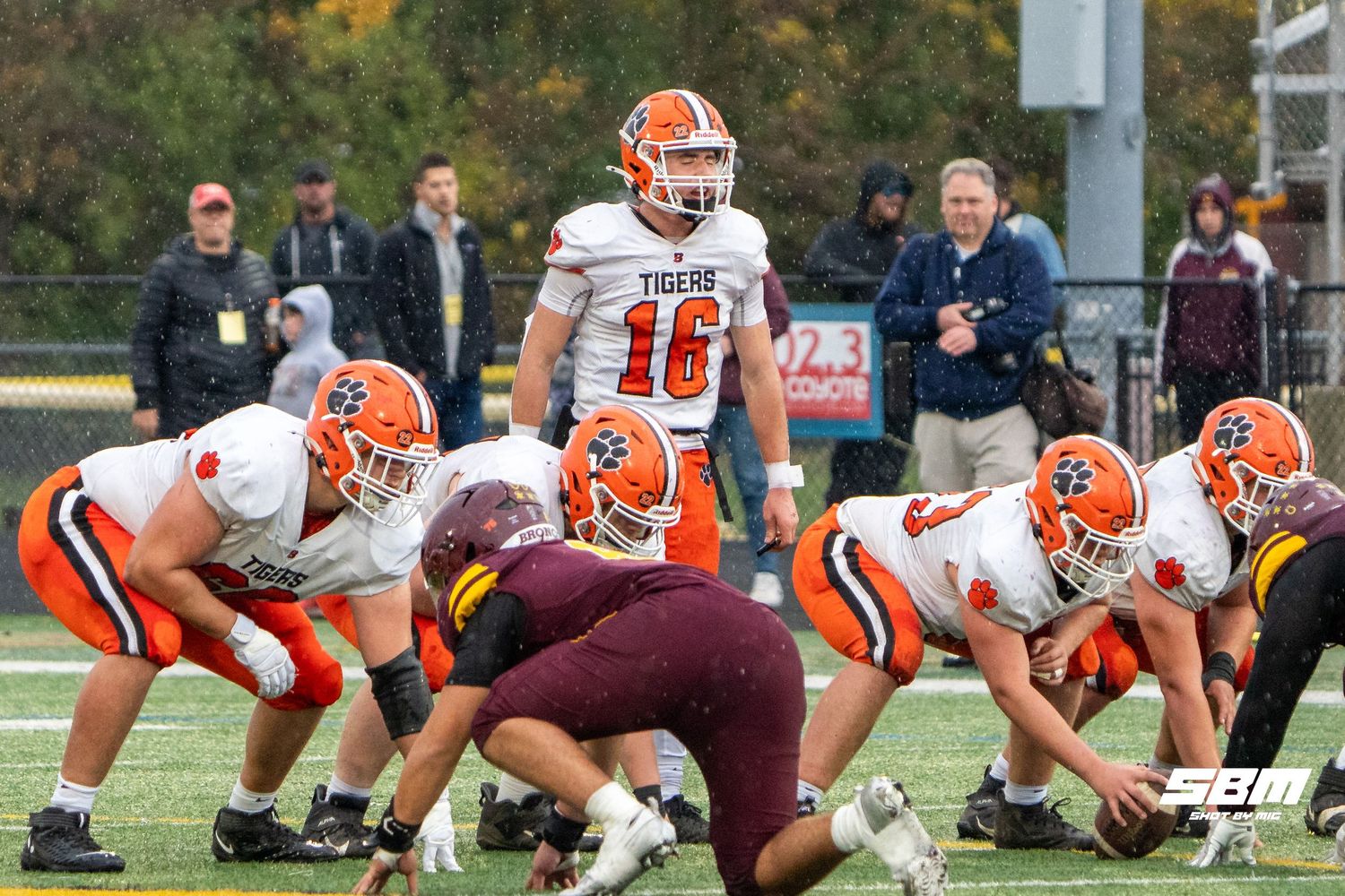Byron quarterback Andrew Talbert yells his cadence in their 14-13 loss to Montini Catholic.