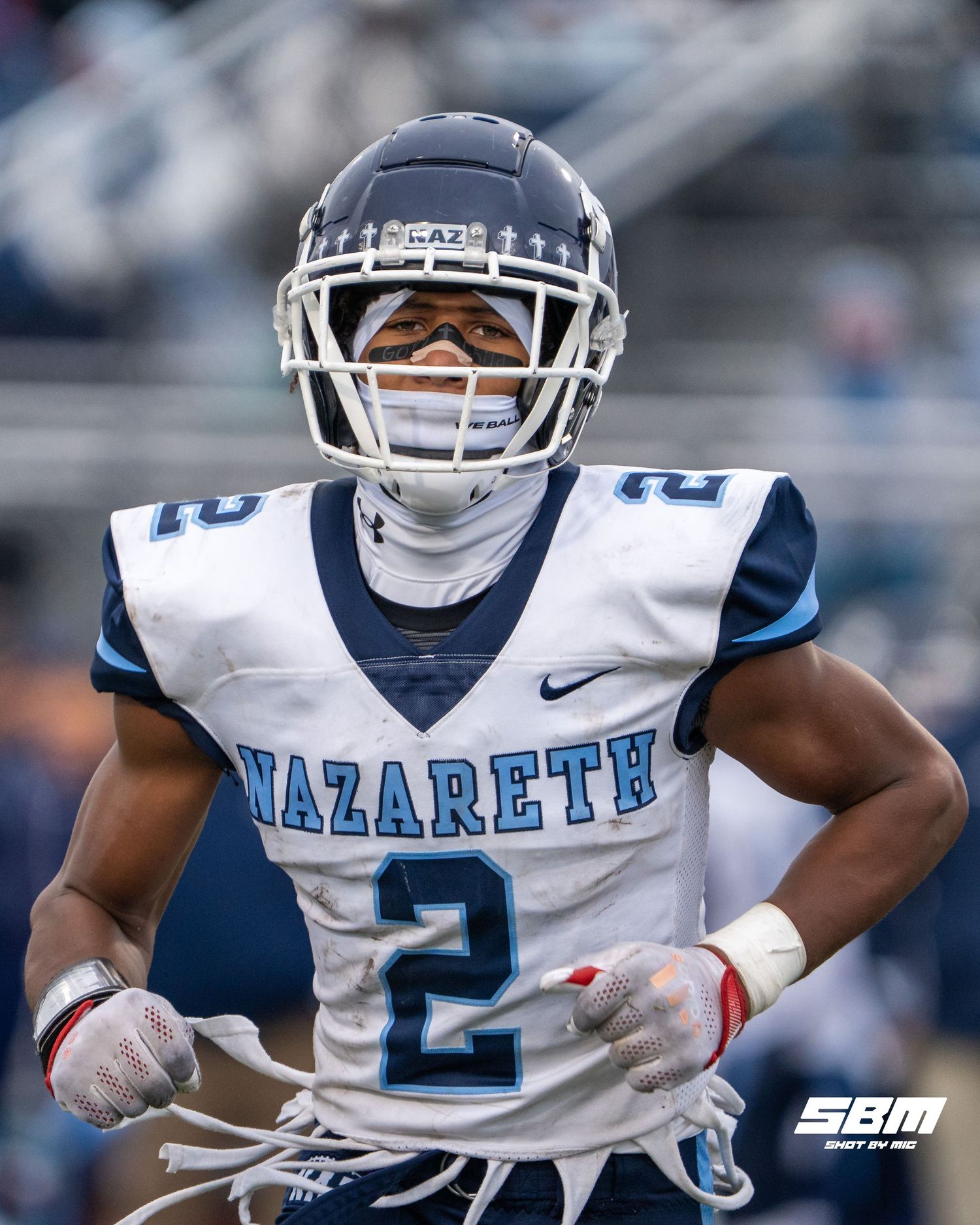 Nazareth Academy's Garrett Reese gets in position during their 42-8 win over Rochelle